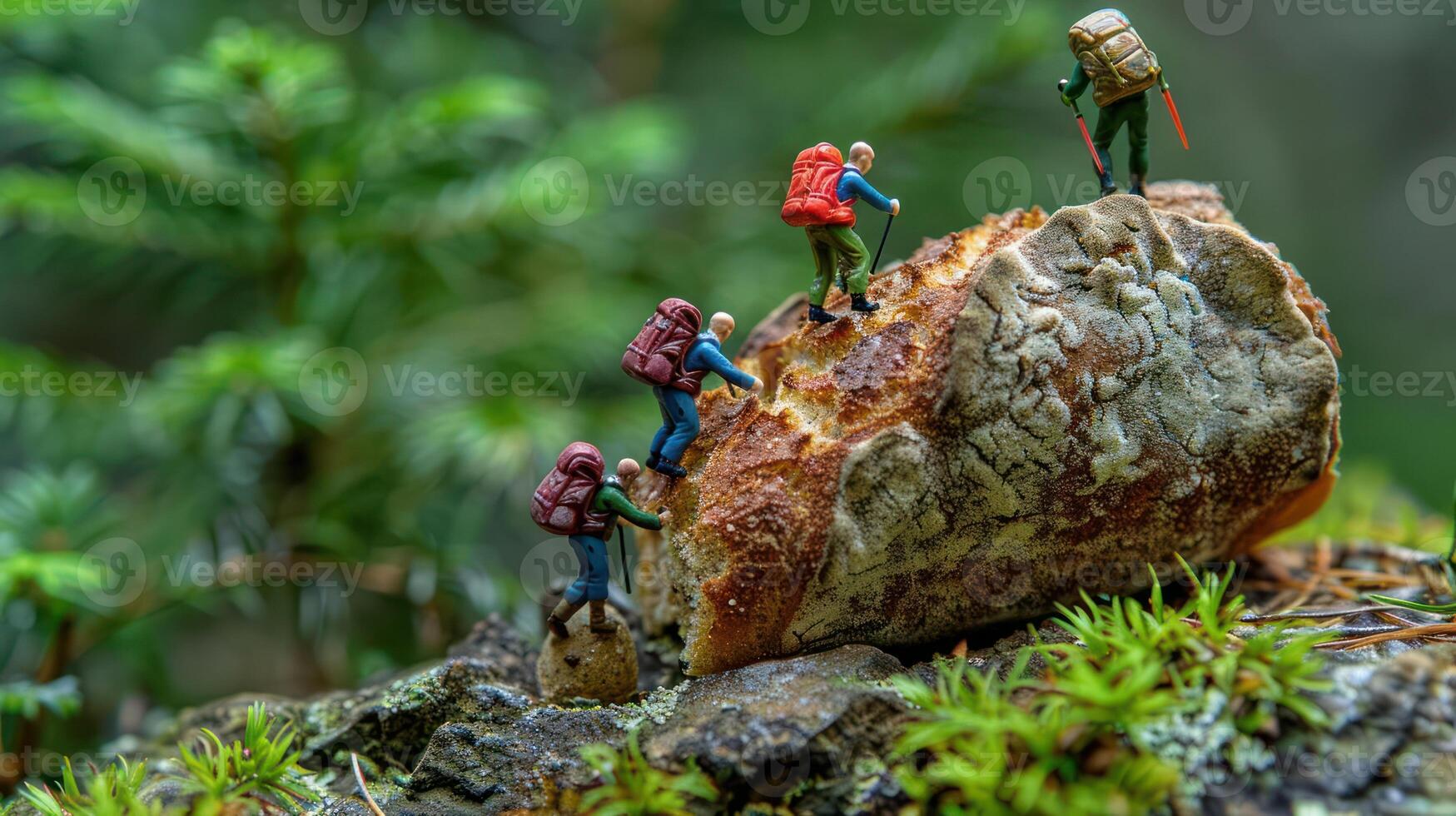 Miniature hikers climbing a rocky terrain in a lush forest, showcasing adventure and exploration photo