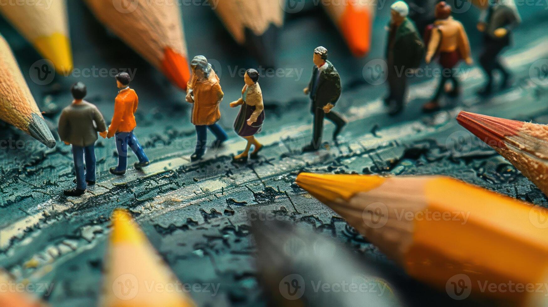 Miniature figures walking along a pencil-shavings path, showcasing creativity and artistry photo