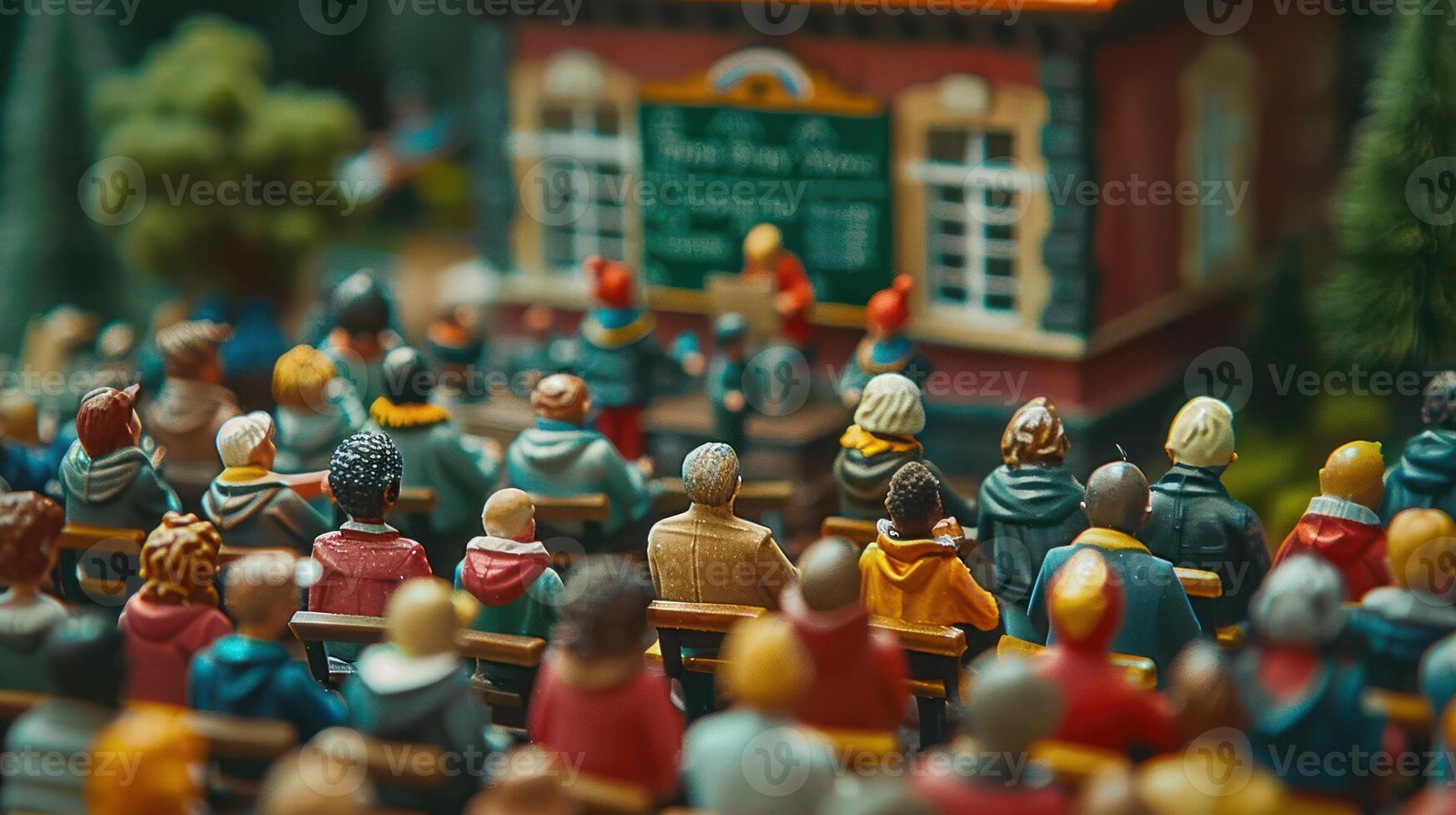 Miniature crowd watching a performance at an outdoor venue surrounded by trees and buildings photo