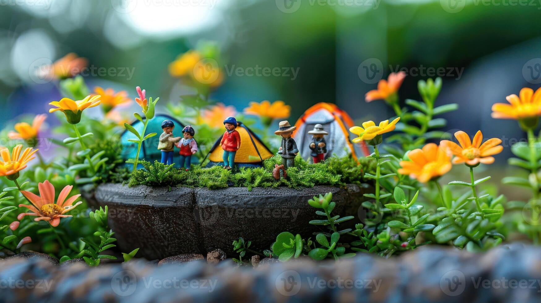 Miniature campers setting up tents in a vibrant flower garden during a sunny day outdoors photo