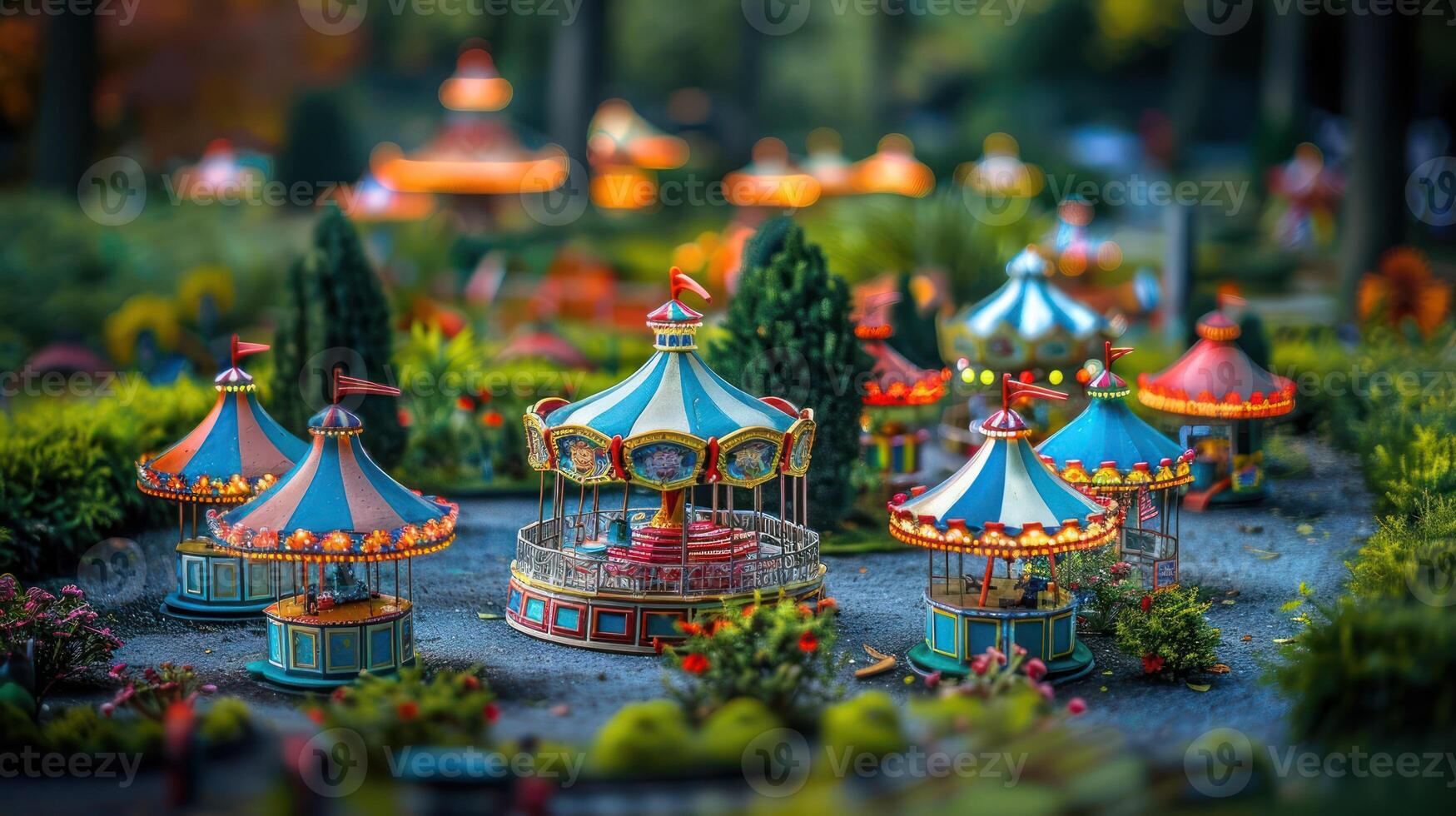 Colorful miniature carousel surrounded by vibrant gardens and softly lit background attractions photo