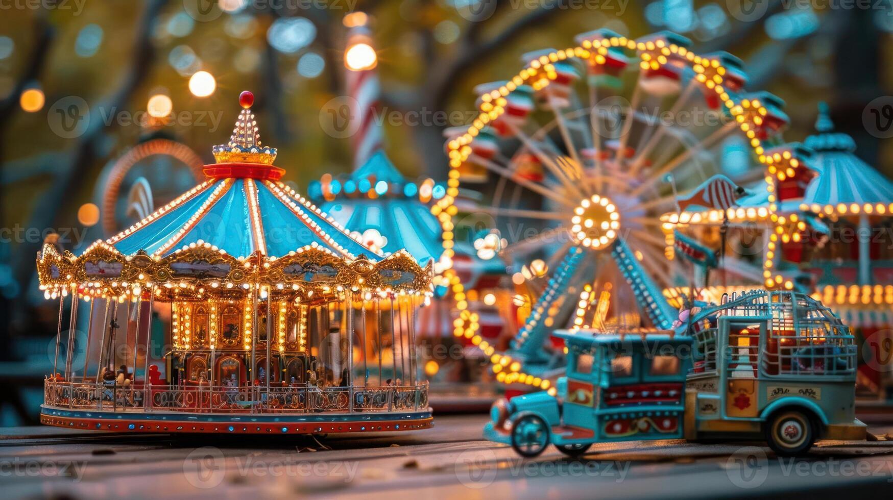 Colorful carousel and ferris wheel illuminated at night in a festive amusement park setting photo