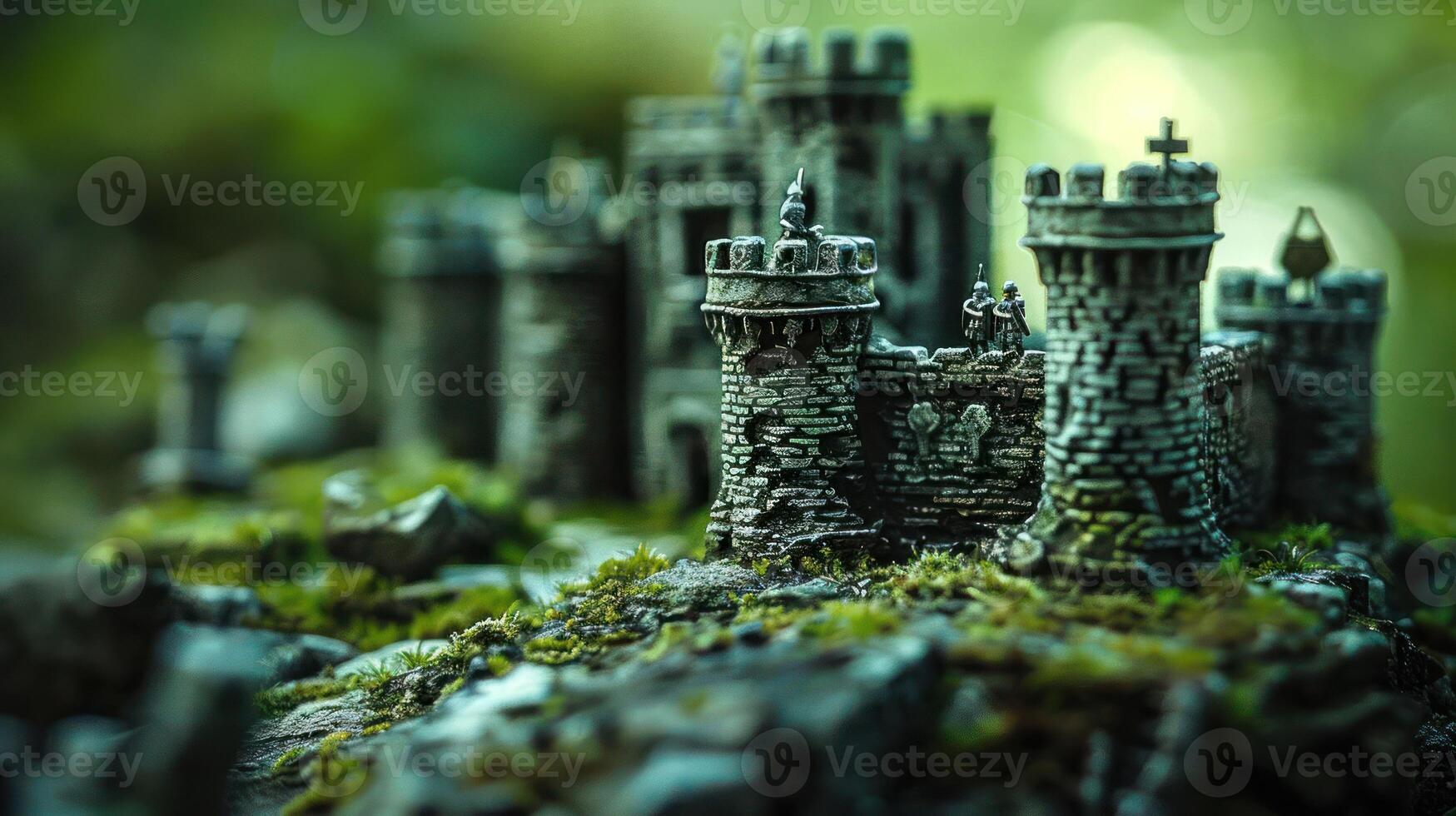 Intricate miniature castle surrounded by lush greenery, showcasing detailed architecture and nature photo