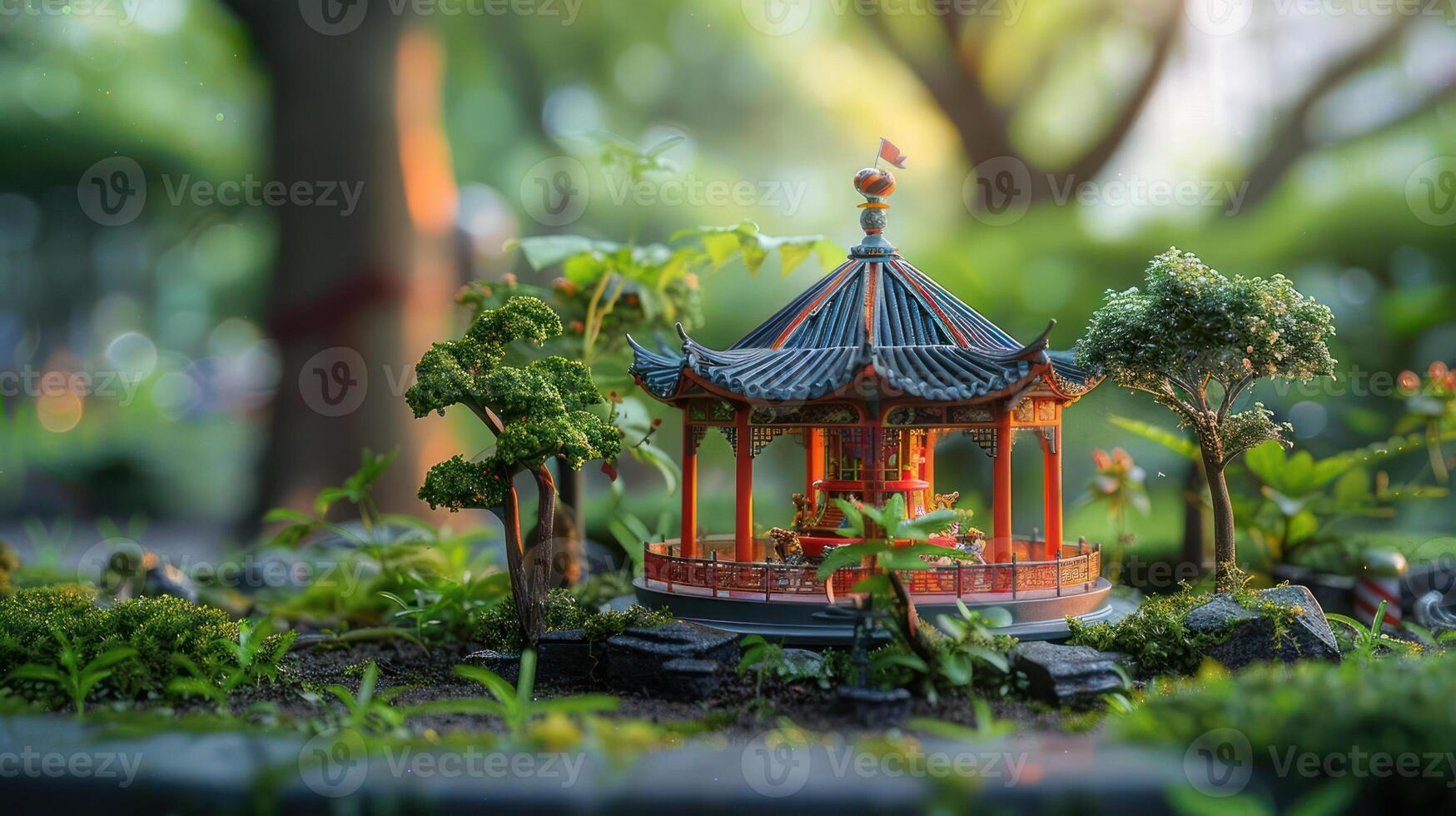 Miniature oriental gazebo surrounded by lush greenery in a serene garden setting at sunset photo