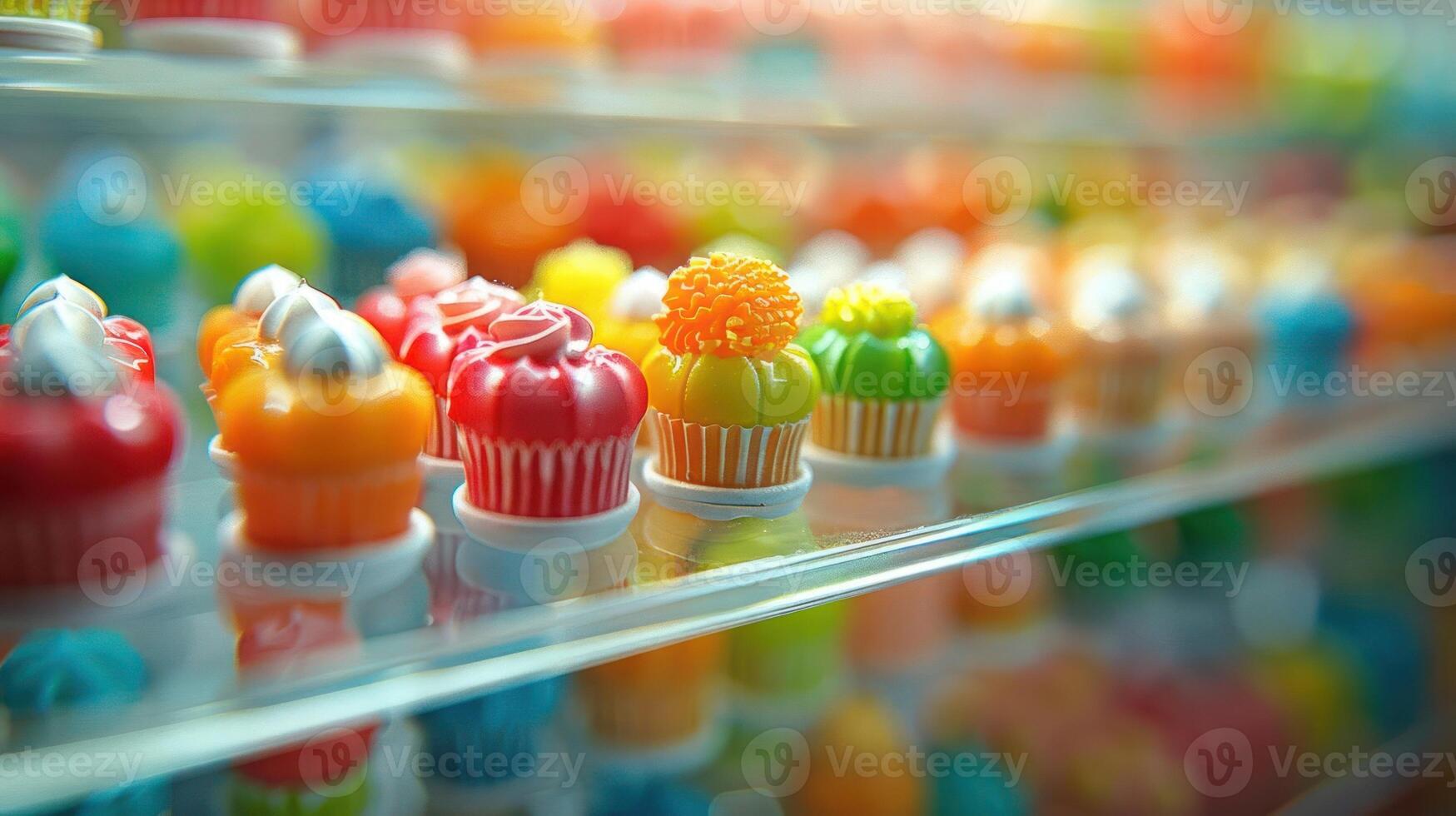Colorful display of miniature cupcakes in a vibrant shop, showcasing a variety of designs and colors photo
