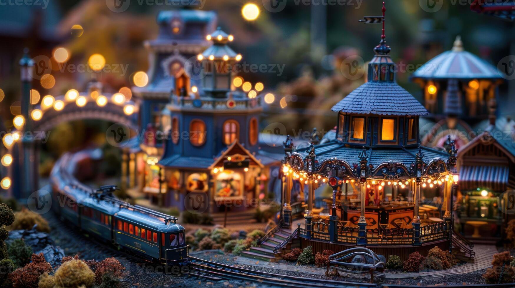 Miniature train set with illuminated buildings and carousel at dusk, creating a festive atmosphere photo