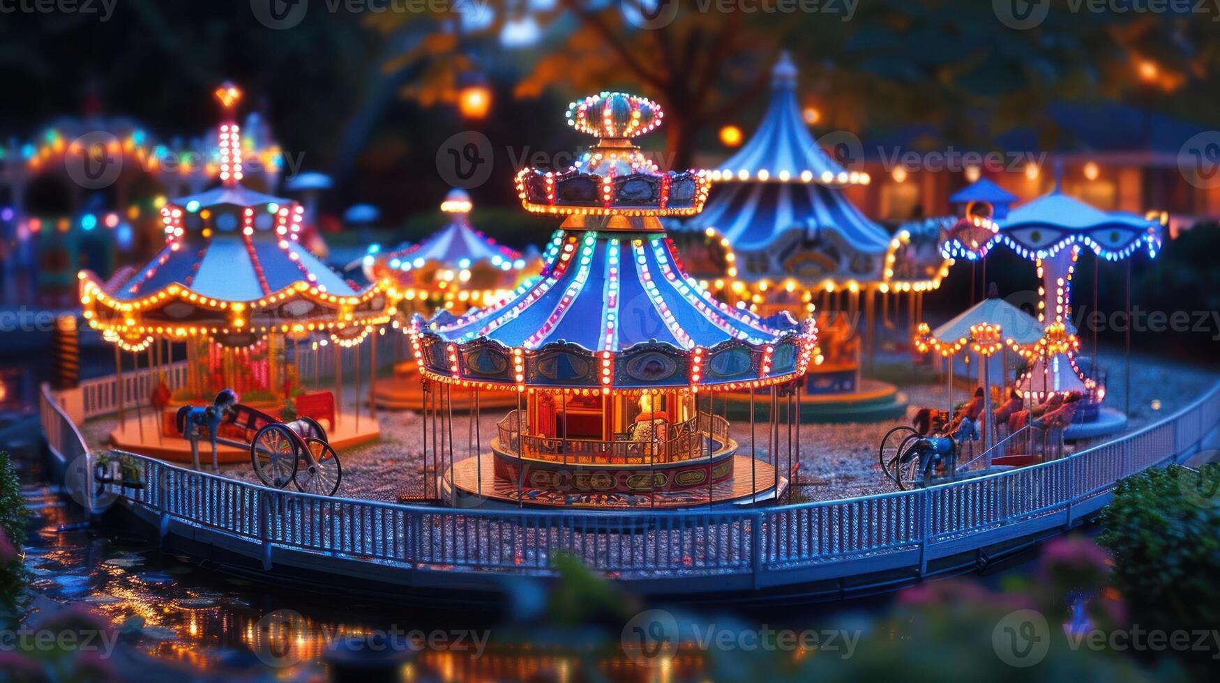 Colorful carousel illuminated at night in a festive park, surrounded by trees and lights photo