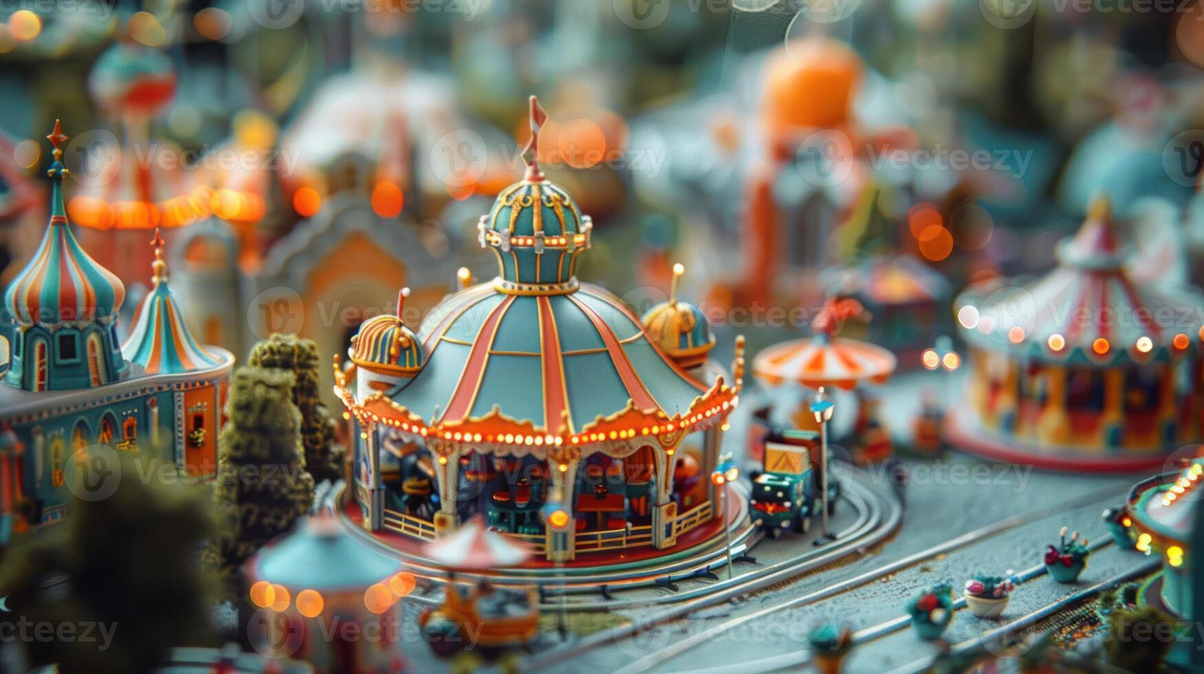 Colorful miniature carousel in a vibrant amusement park setting with blurred festive background photo