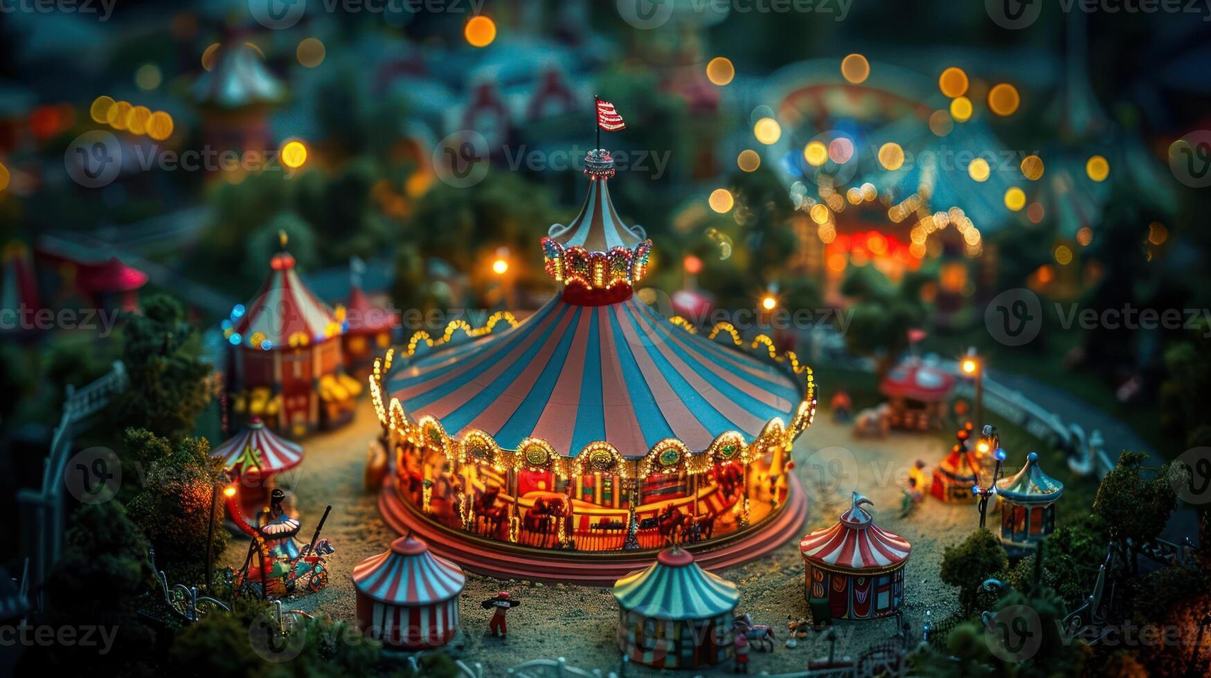 Colorful carousel in a vibrant amusement park at dusk, surrounded by twinkling lights and festive atmosphere photo
