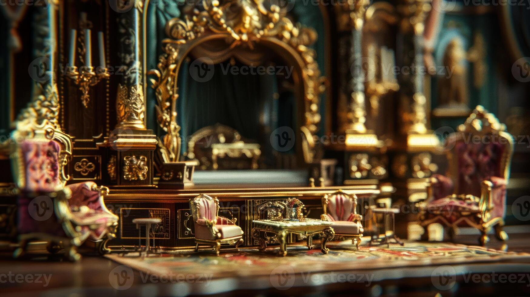 Ornate miniature interior showcasing luxurious furniture and intricate decor in a grand setting photo