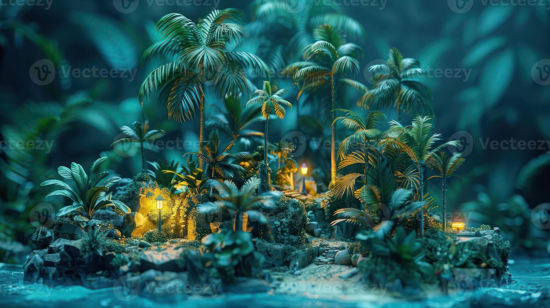 Lush tropical island with vibrant palm trees and glowing lanterns amidst dense foliage at dusk photo