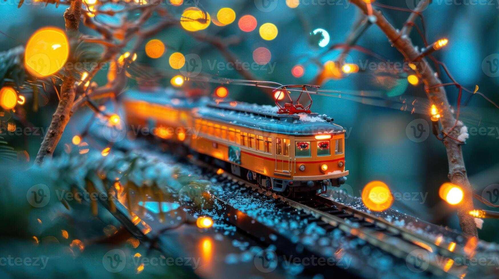 Miniature vintage train traversing a snowy track adorned with festive lights in a cozy setting photo