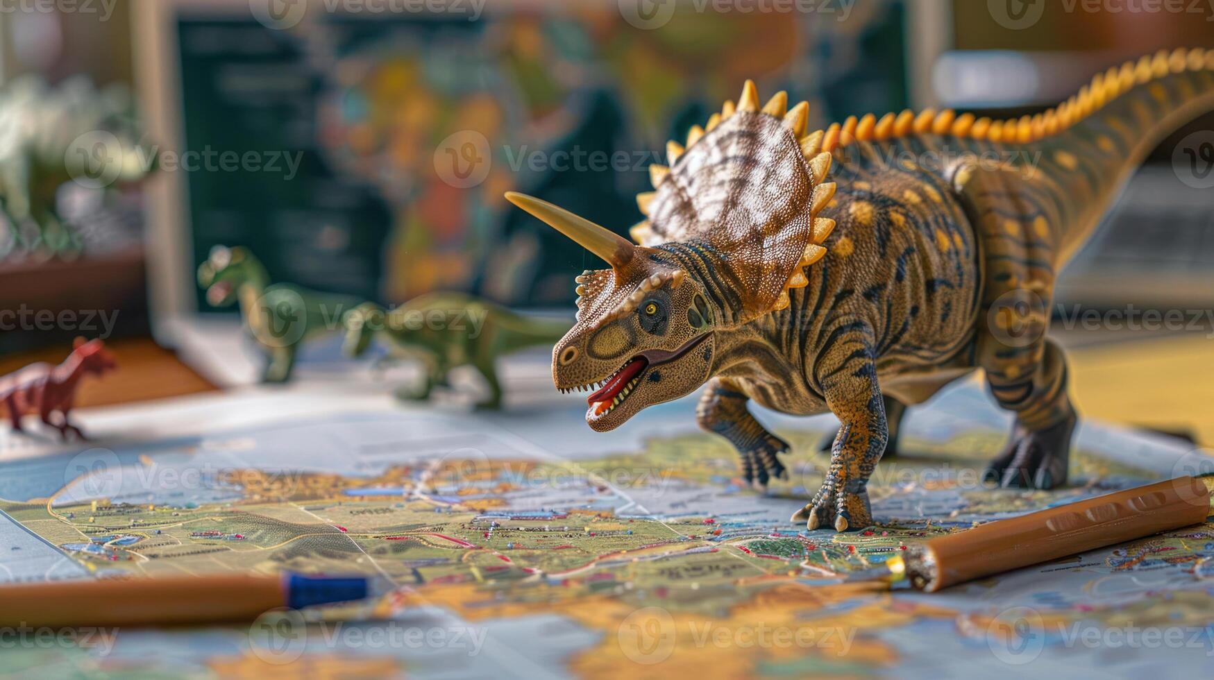 A colorful toy dinosaur explores a detailed map on a desk, surrounded by other miniature dinosaurs photo