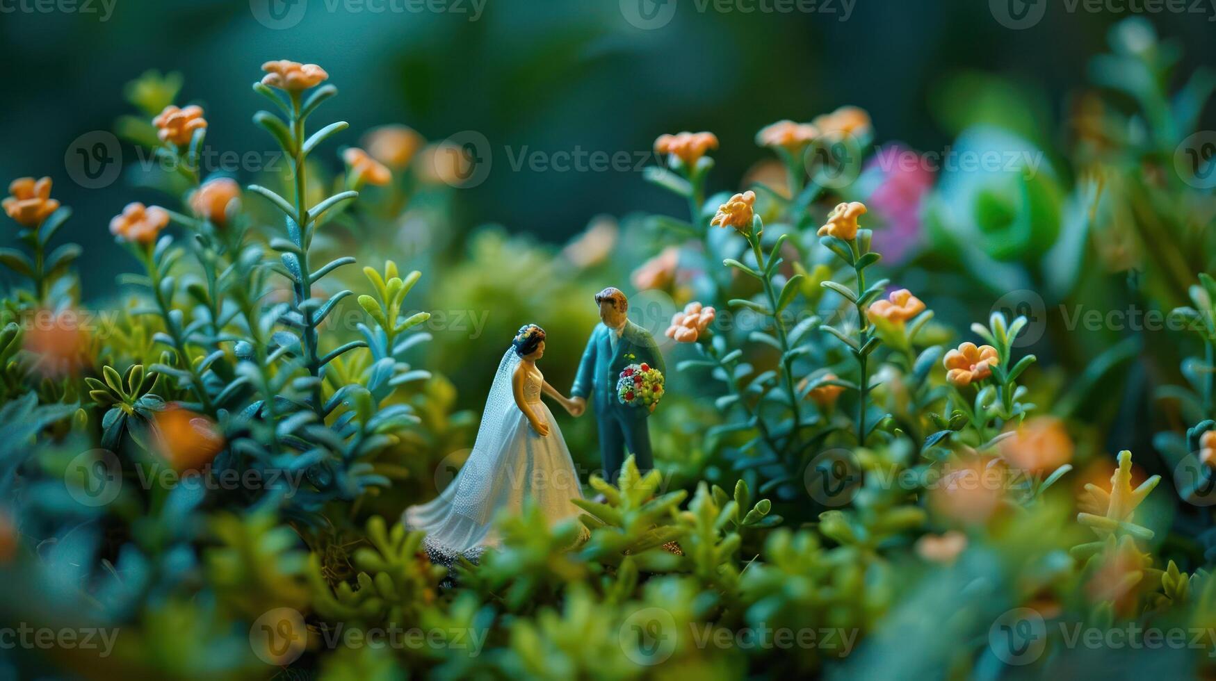 Miniature wedding scene amidst vibrant flowers, capturing love in nature's embrace photo