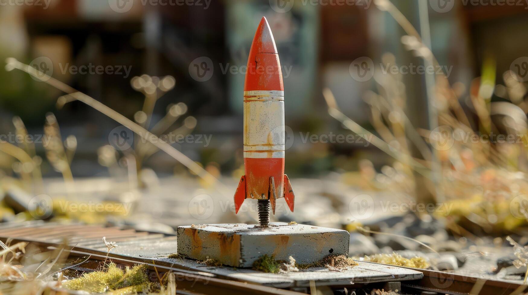 Vintage model rocket standing on a weathered base amidst overgrown grass and abandoned buildings photo