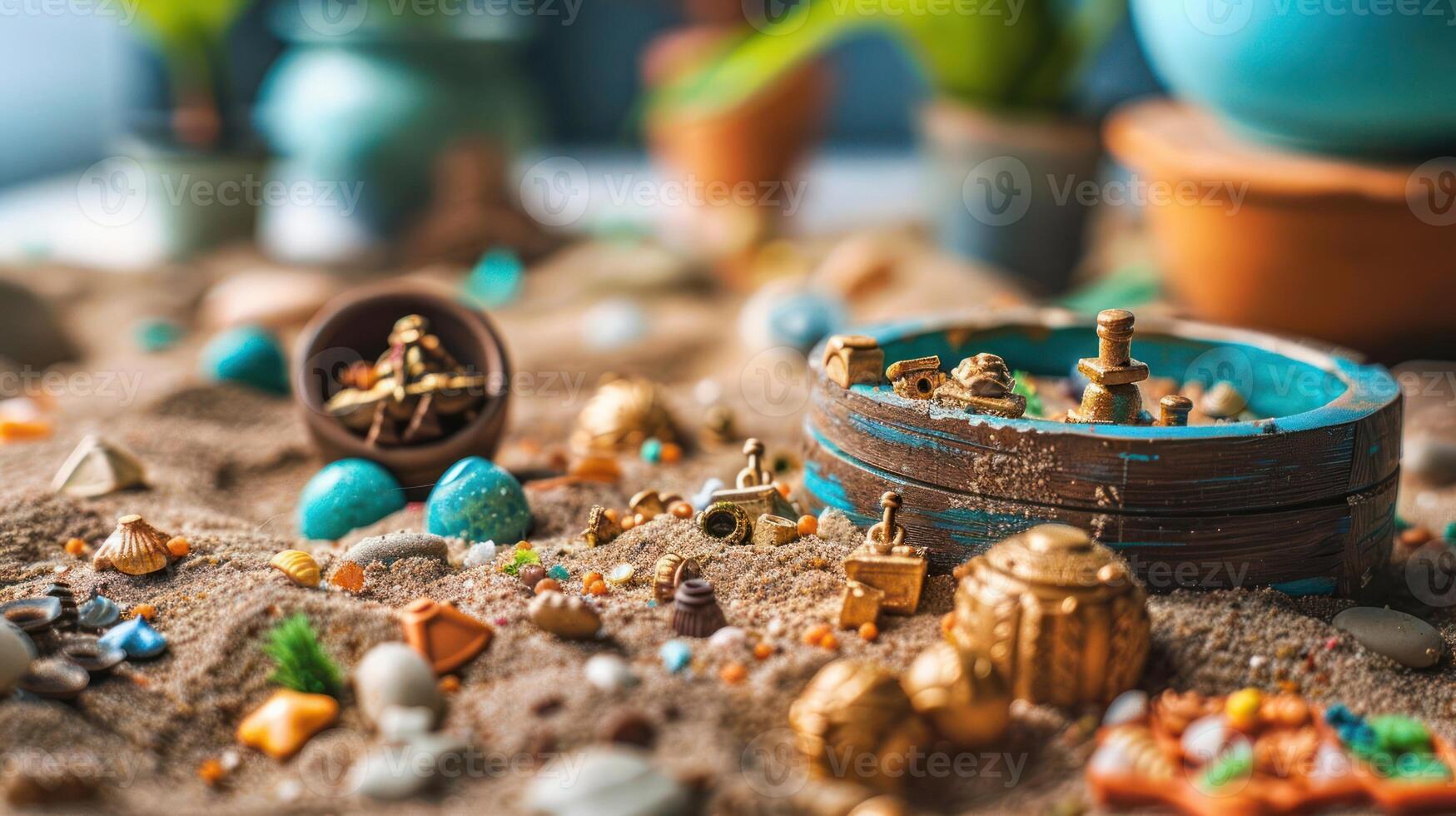 Colorful treasure scene with miniature artifacts and decorations scattered in sandy environment photo