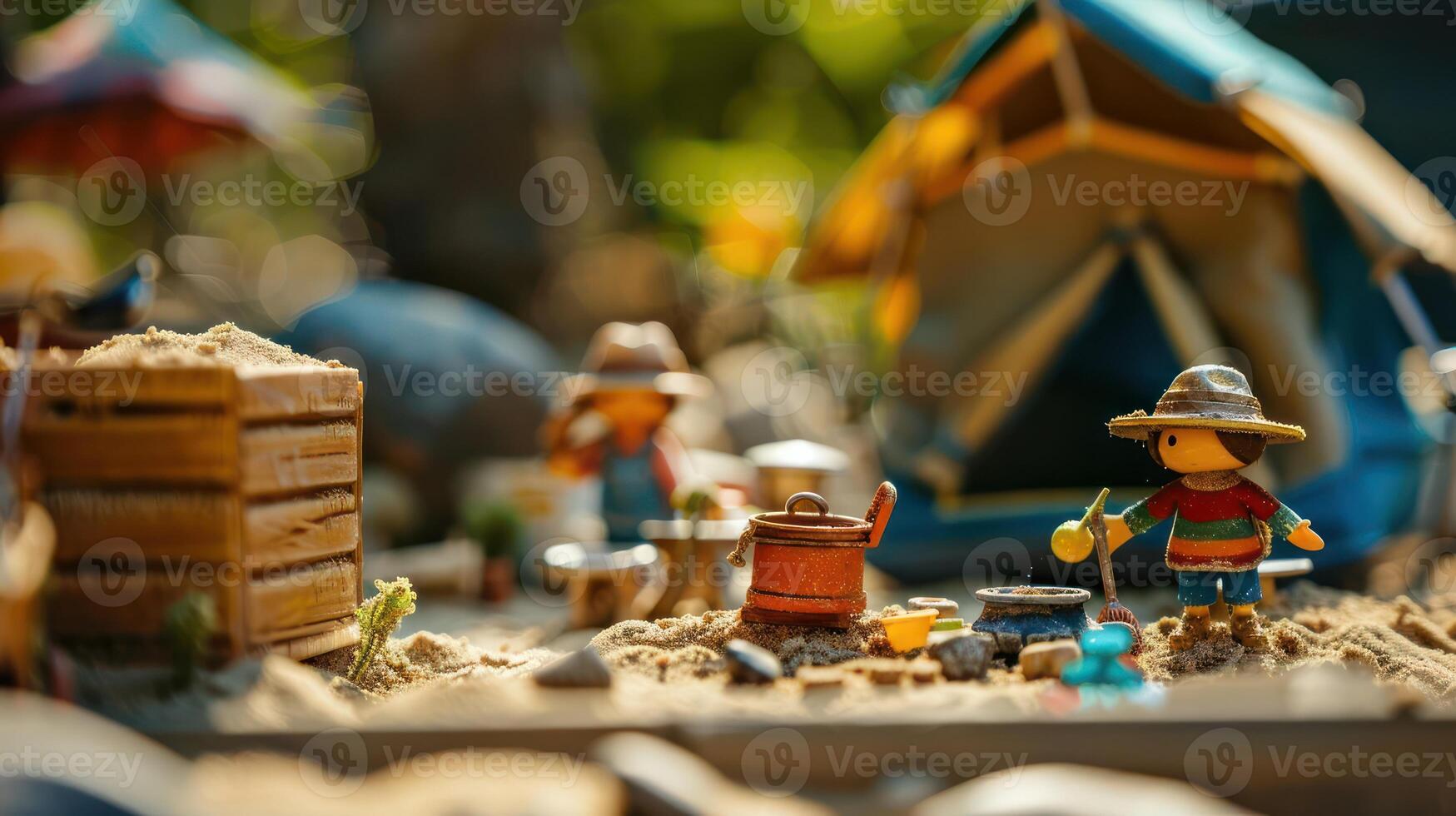Miniature camping scene with characters preparing food and enjoying nature in a vibrant setting photo