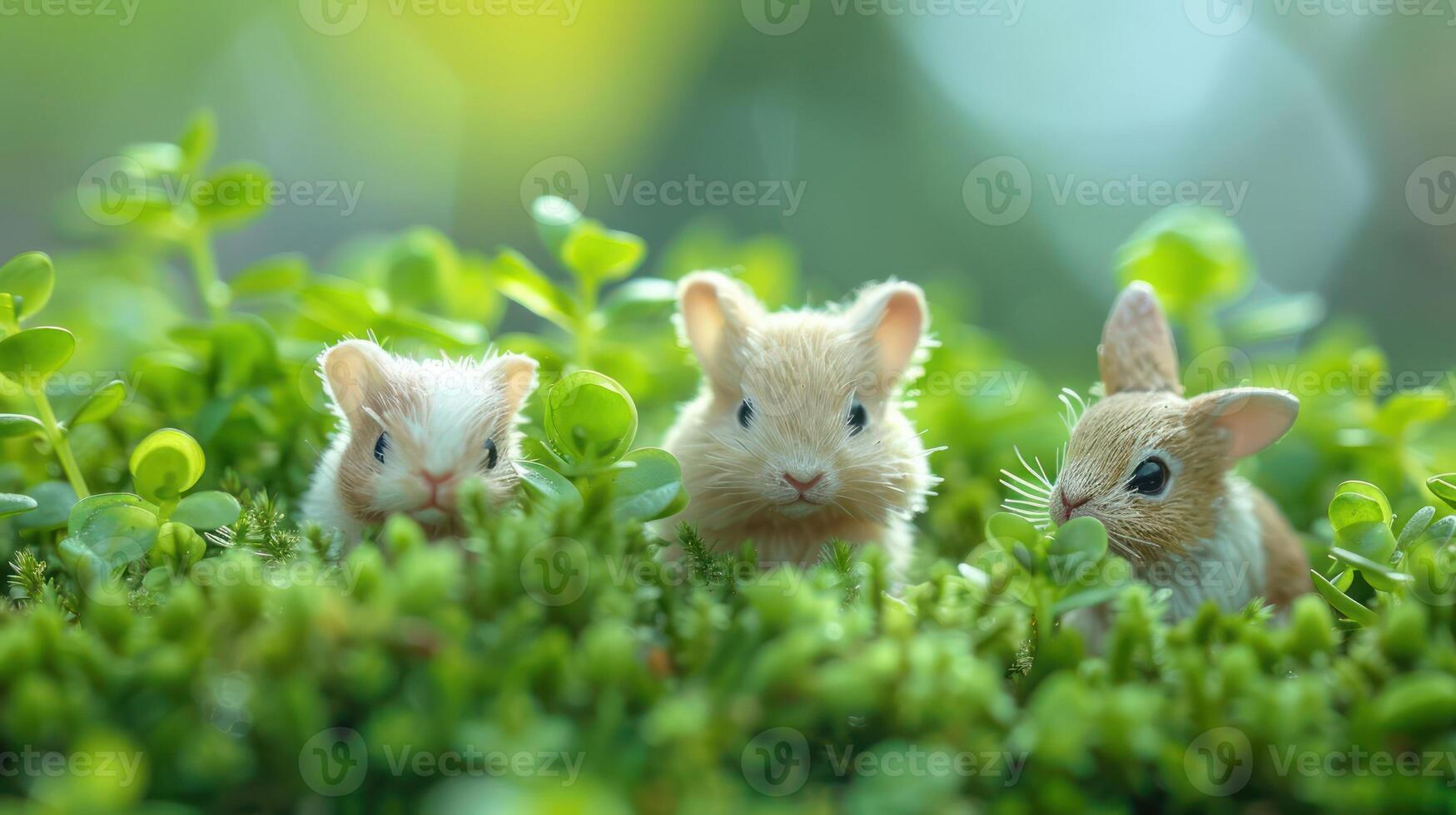 Three adorable baby rabbits peeking through lush green foliage in a serene garden setting photo