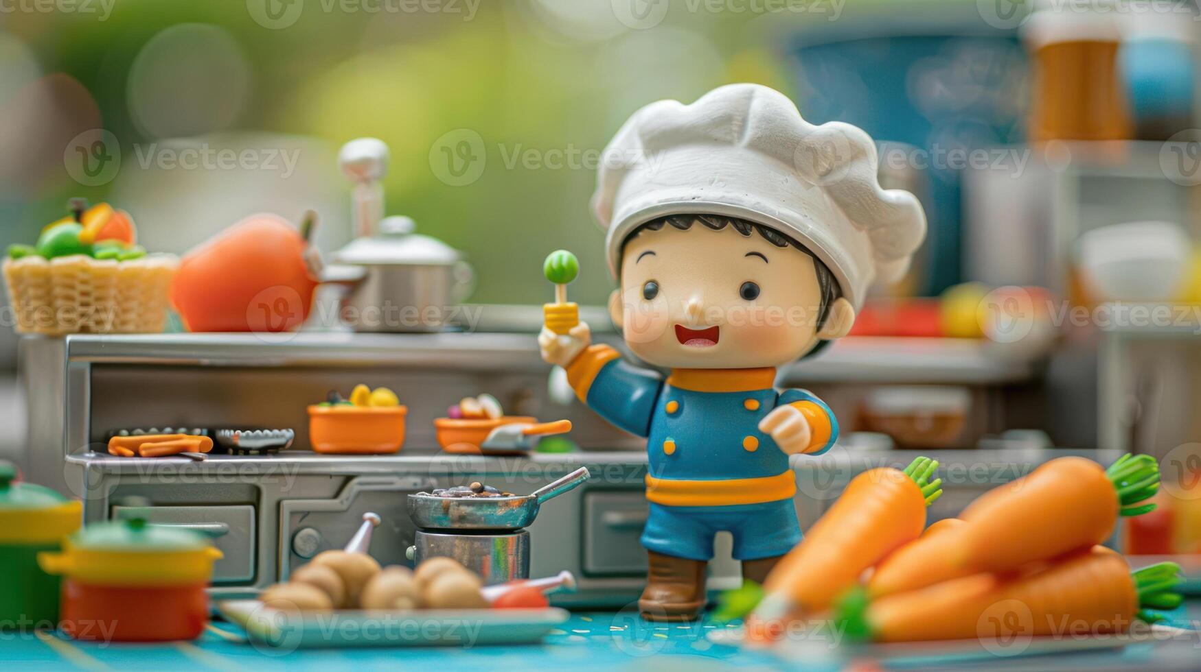 Cheerful miniature chef character holding a green vegetable in a vibrant kitchen setting photo