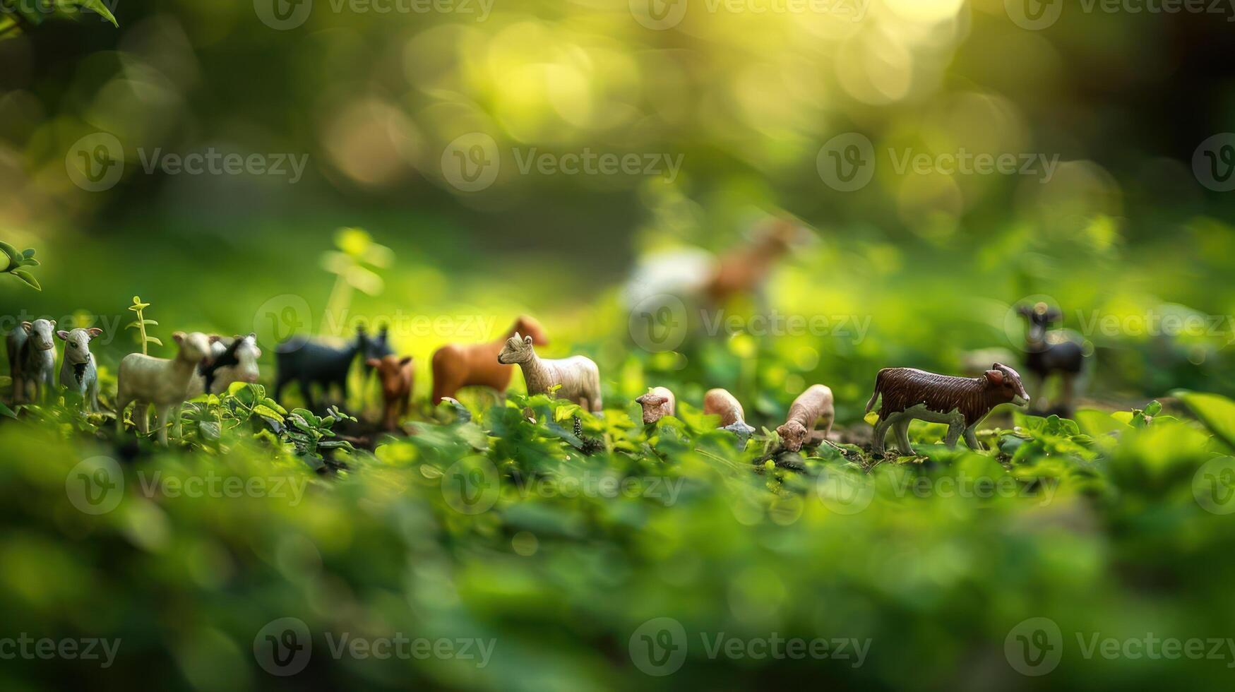 Miniature plastic animals scattered in a lush green garden, creating a whimsical scene photo