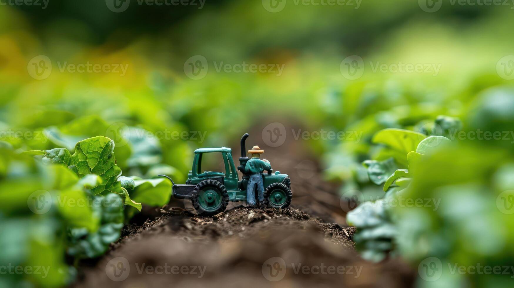 Miniature farmer operating a tractor in a lush green vegetable field during daylight hours photo