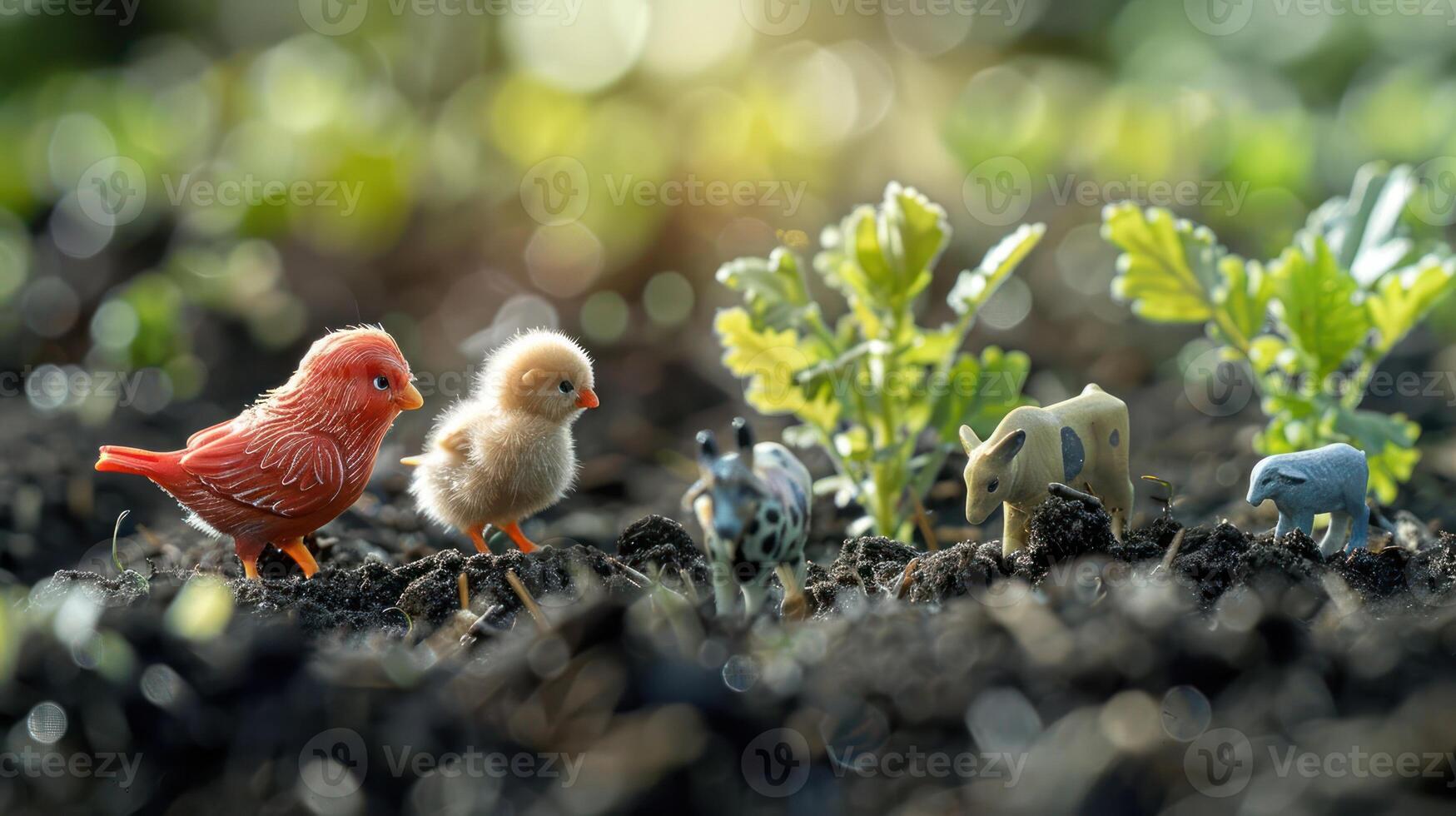 Colorful toy birds and animals exploring a vibrant garden soil with green plants growing around photo
