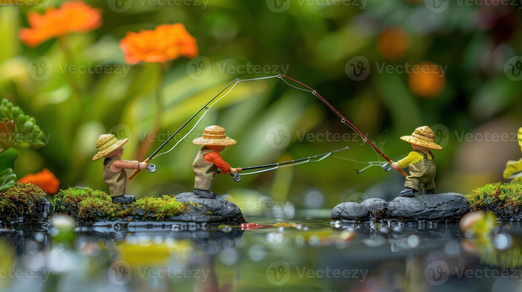 Miniature figures of fishermen casting lines in a vibrant garden pond surrounded by flowers photo