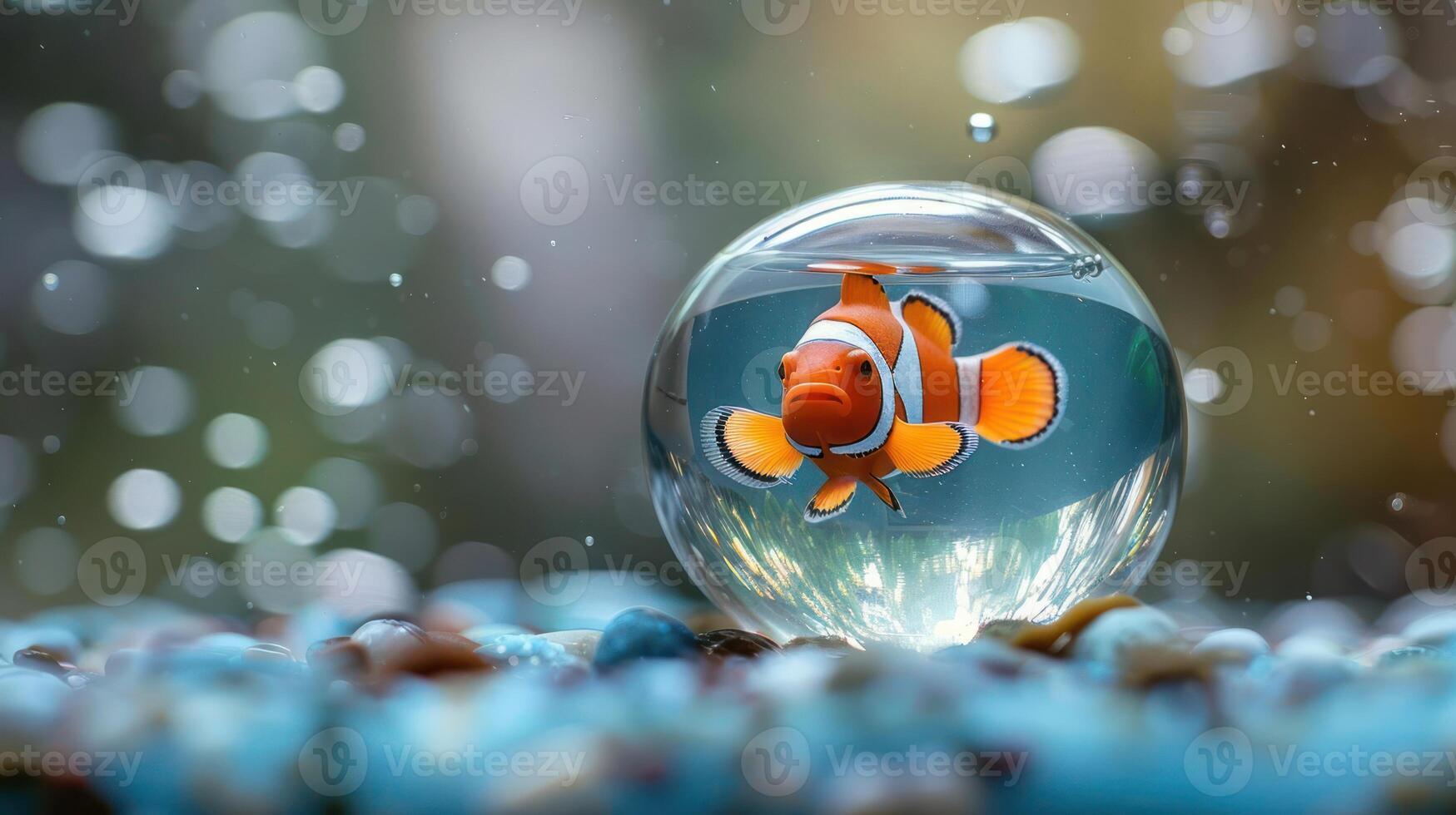 Vibrant clownfish swimming in a crystal-clear bubble, surrounded by colorful pebbles and shimmering water droplets photo