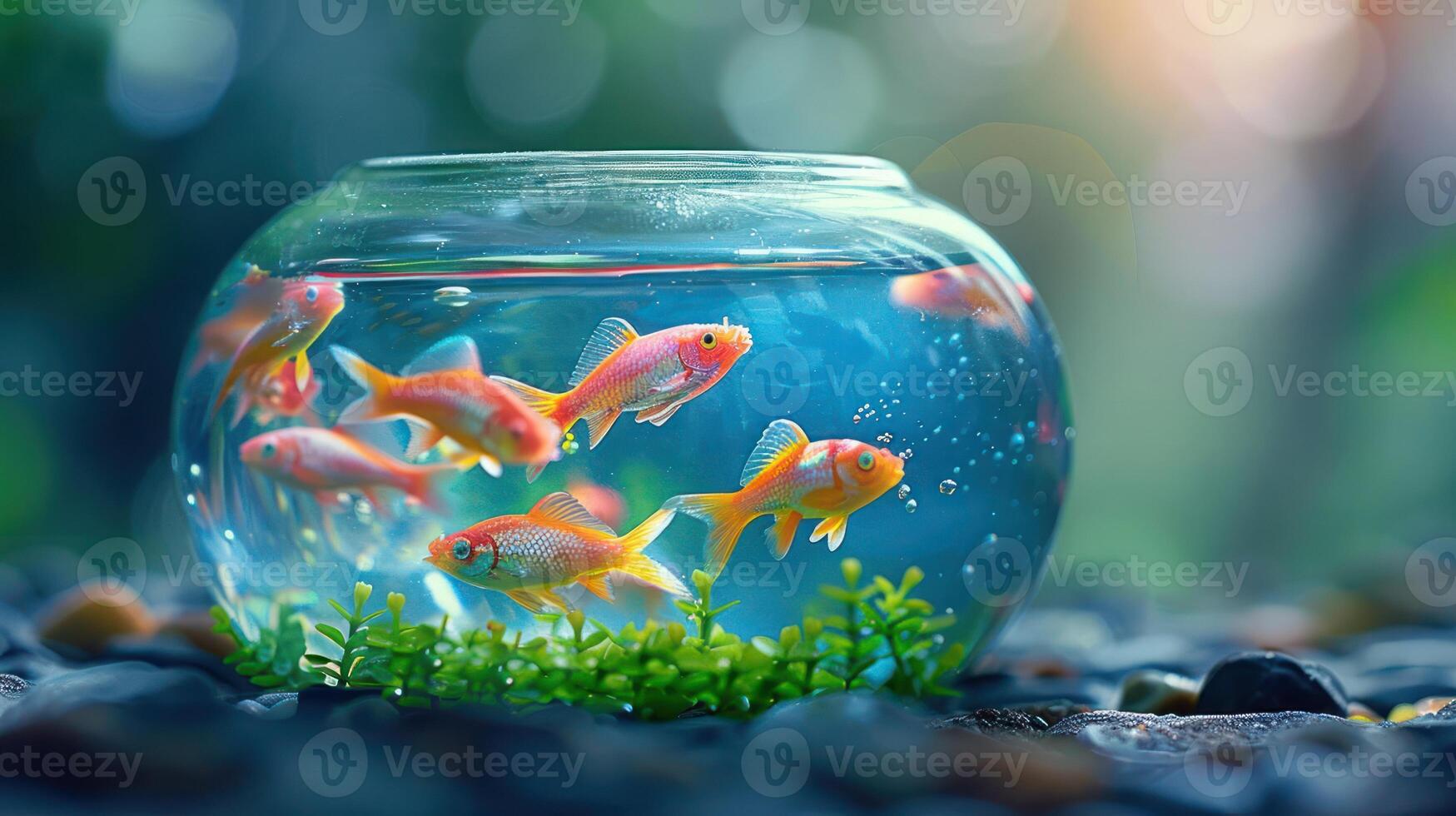 A serene scene of colorful goldfish swimming in a glass bowl surrounded by lush greenery and soft sunlight photo