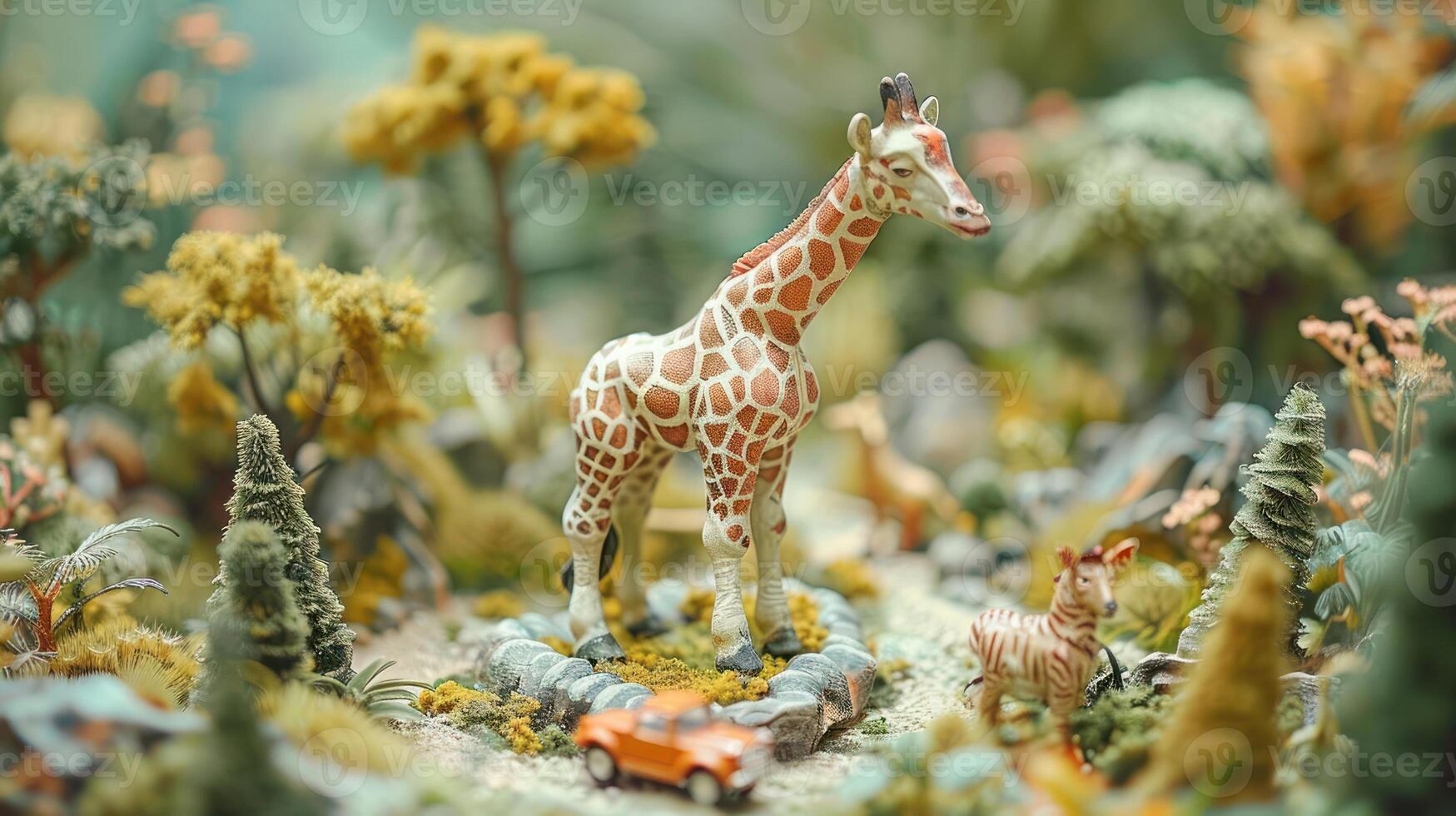 A whimsical miniature scene featuring a giraffe and a deer among lush greenery and a toy car photo