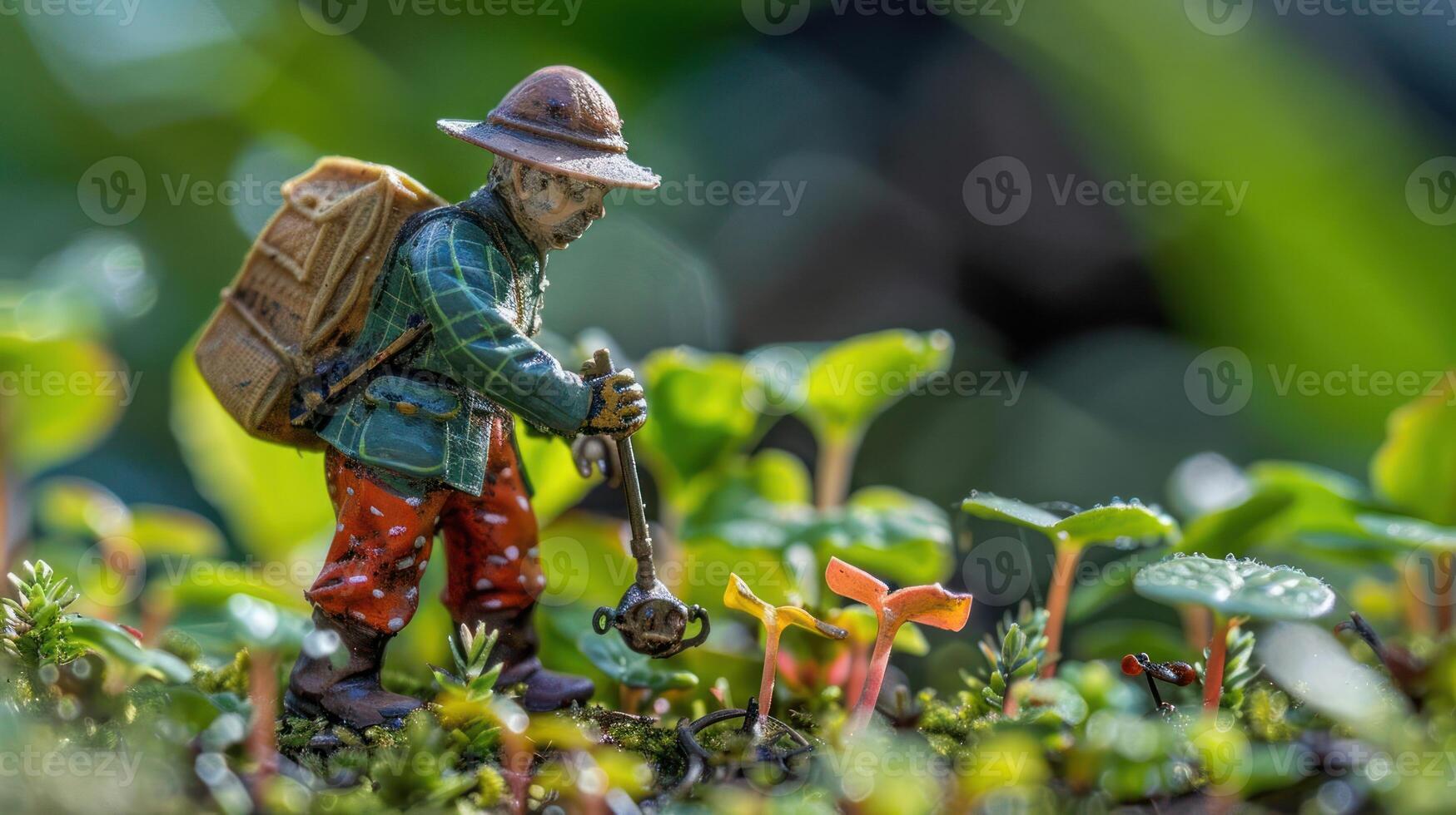 Miniature gardener tending to vibrant plants in a lush, green environment with soft bokeh photo