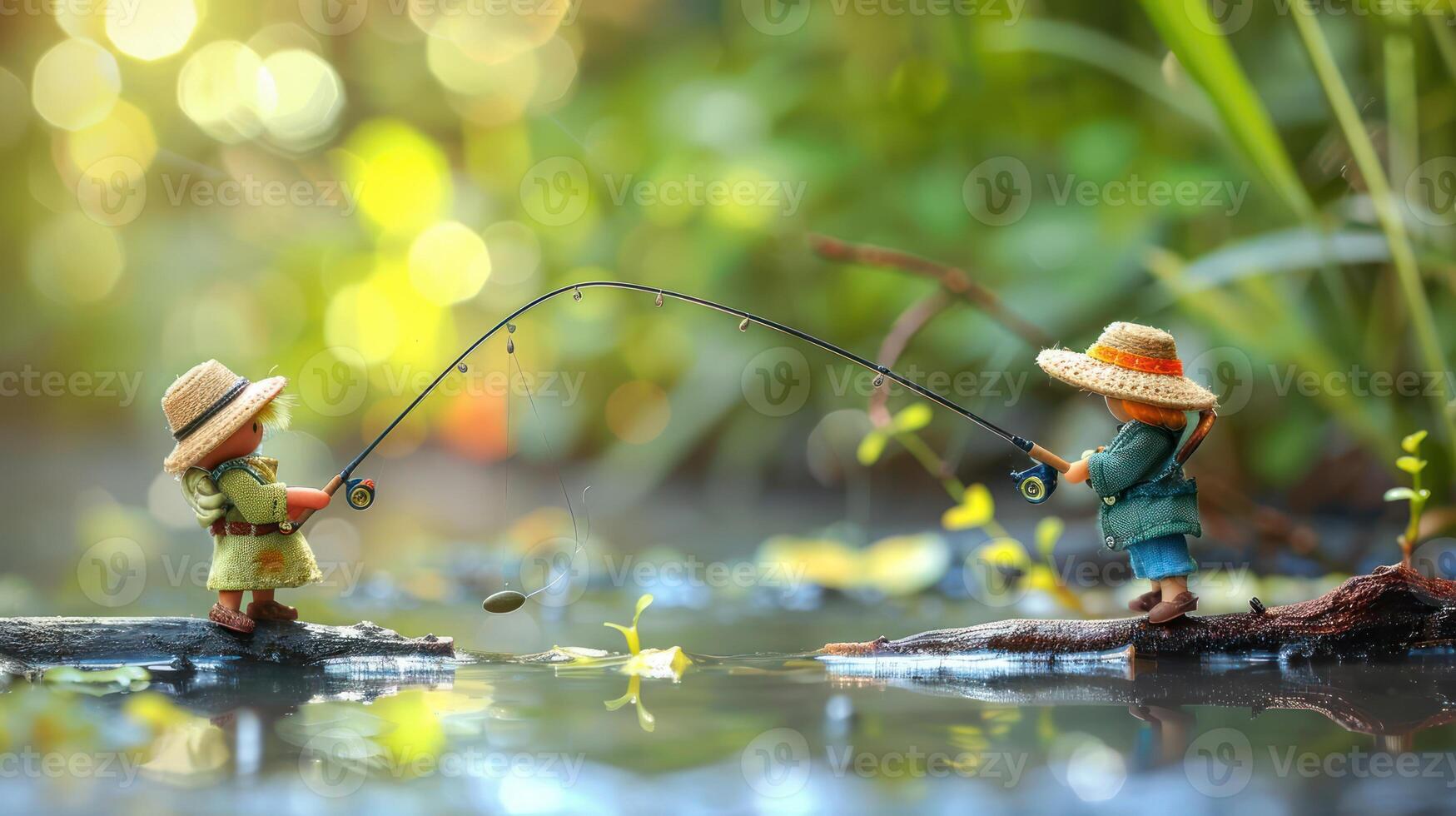 Two miniature figures fishing together in a serene pond surrounded by lush greenery and soft light photo