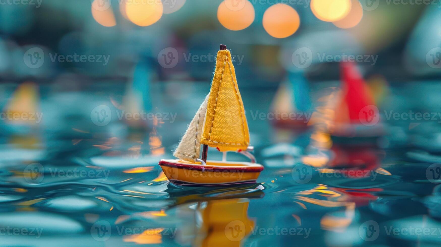 Colorful miniature sailboats floating on a shimmering water surface with blurred lights in the background photo