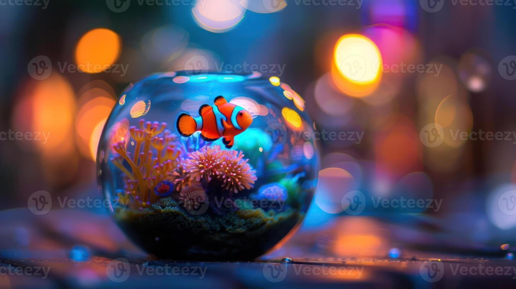 Vibrant aquarium scene featuring clownfish amidst colorful coral and soft bokeh background photo