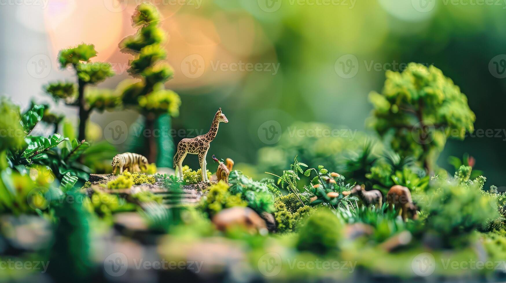 Miniature wildlife scene featuring a giraffe and various animals amidst lush greenery and vibrant foliage photo