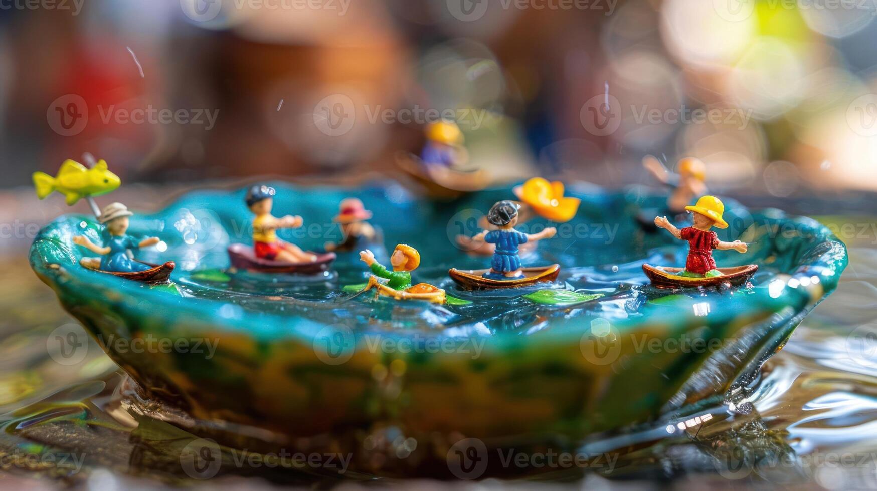 Miniature figures enjoying a vibrant boat ride in a decorative bowl amidst a lively background photo