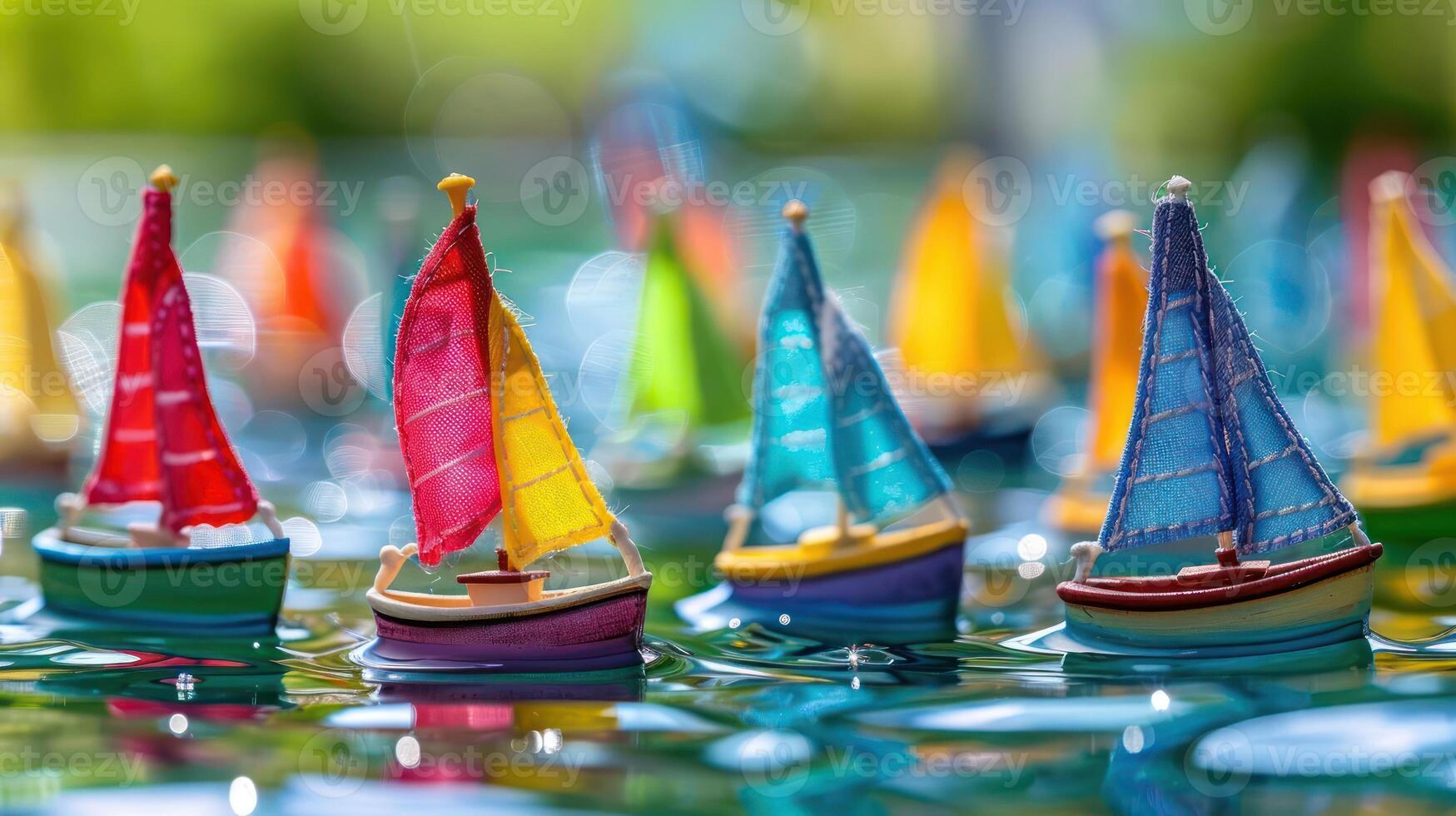Colorful miniature sailboats with vibrant sails floating on a shimmering water surface photo
