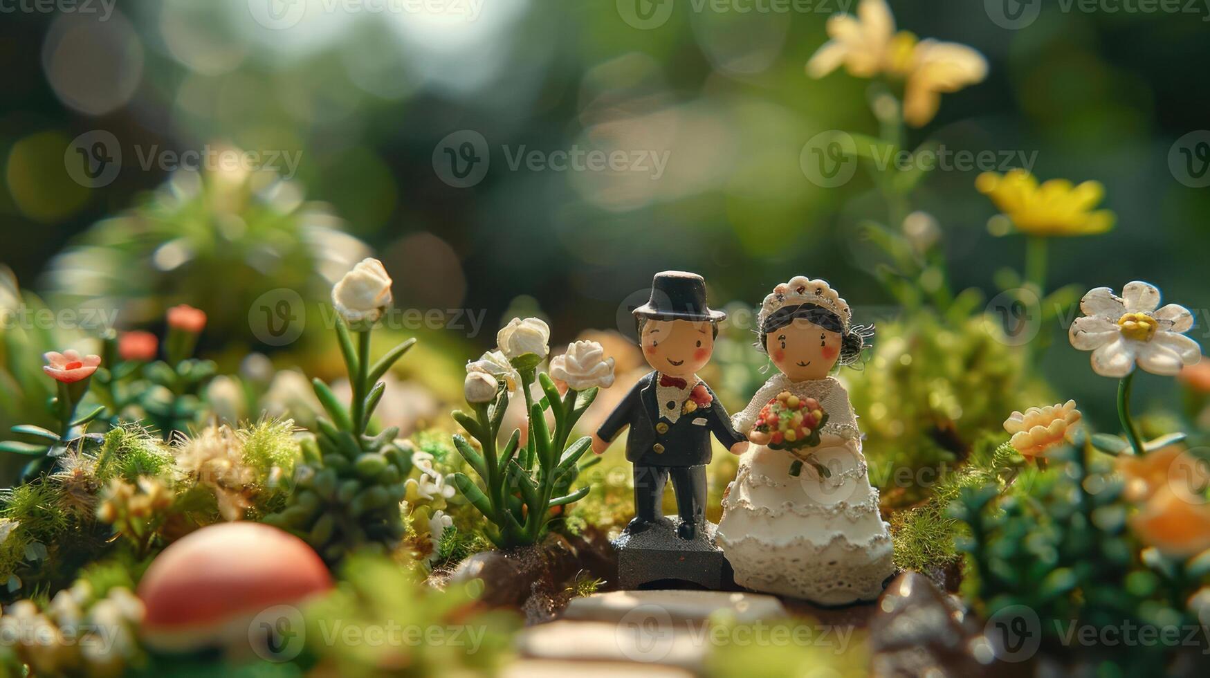 Charming miniature wedding scene with figurines amidst vibrant flowers and lush greenery photo