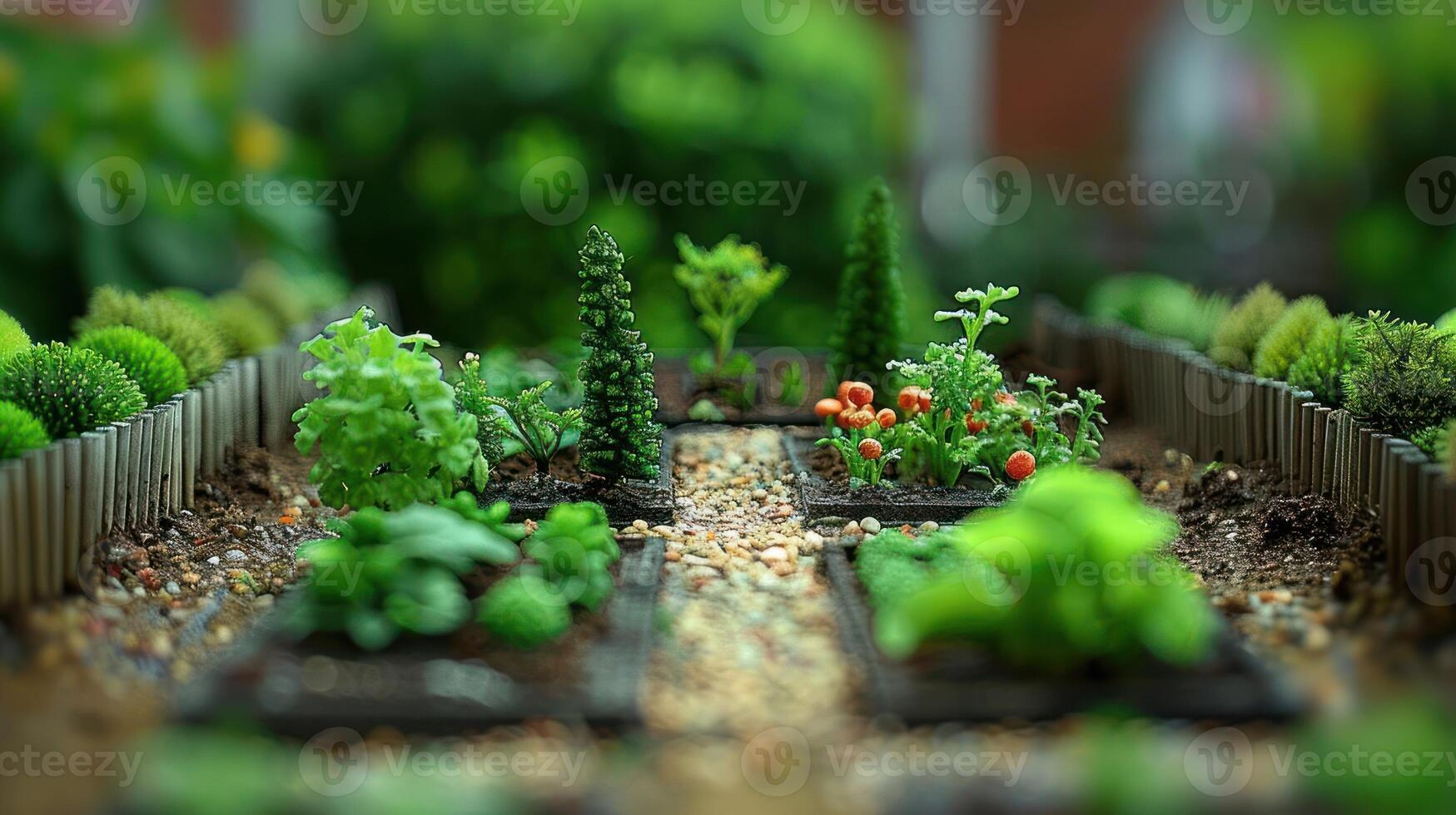 Miniature garden scene showcasing a variety of plants and vegetables in a vibrant setting photo