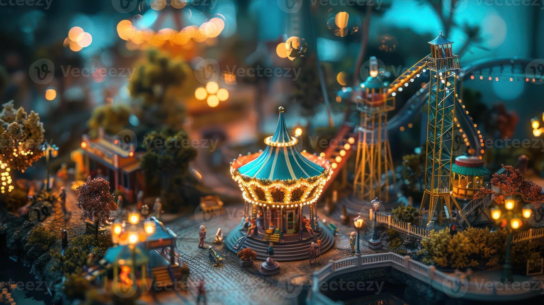 A vibrant miniature amusement park scene with a carousel, roller coaster, and colorful lights at dusk photo