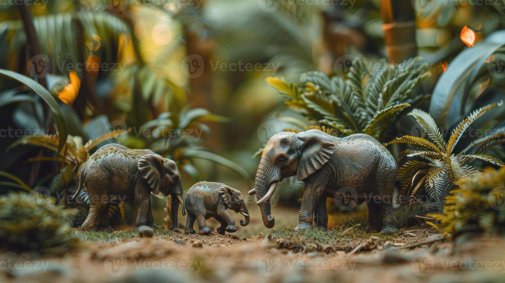 Family of elephants walking through a lush, green jungle with vibrant foliage and soft lighting photo