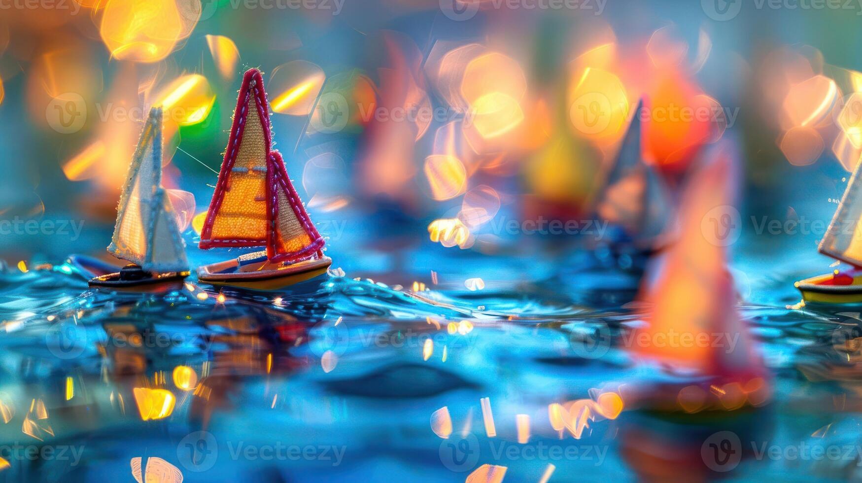 Colorful miniature sailboats navigating on shimmering water with vibrant bokeh lights in the background photo