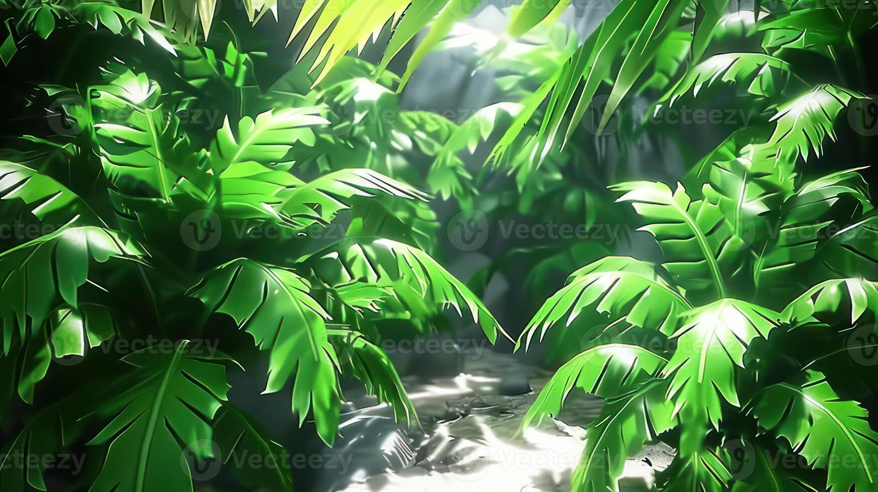 Lush green foliage surrounding a tranquil waterfall in a serene jungle setting photo