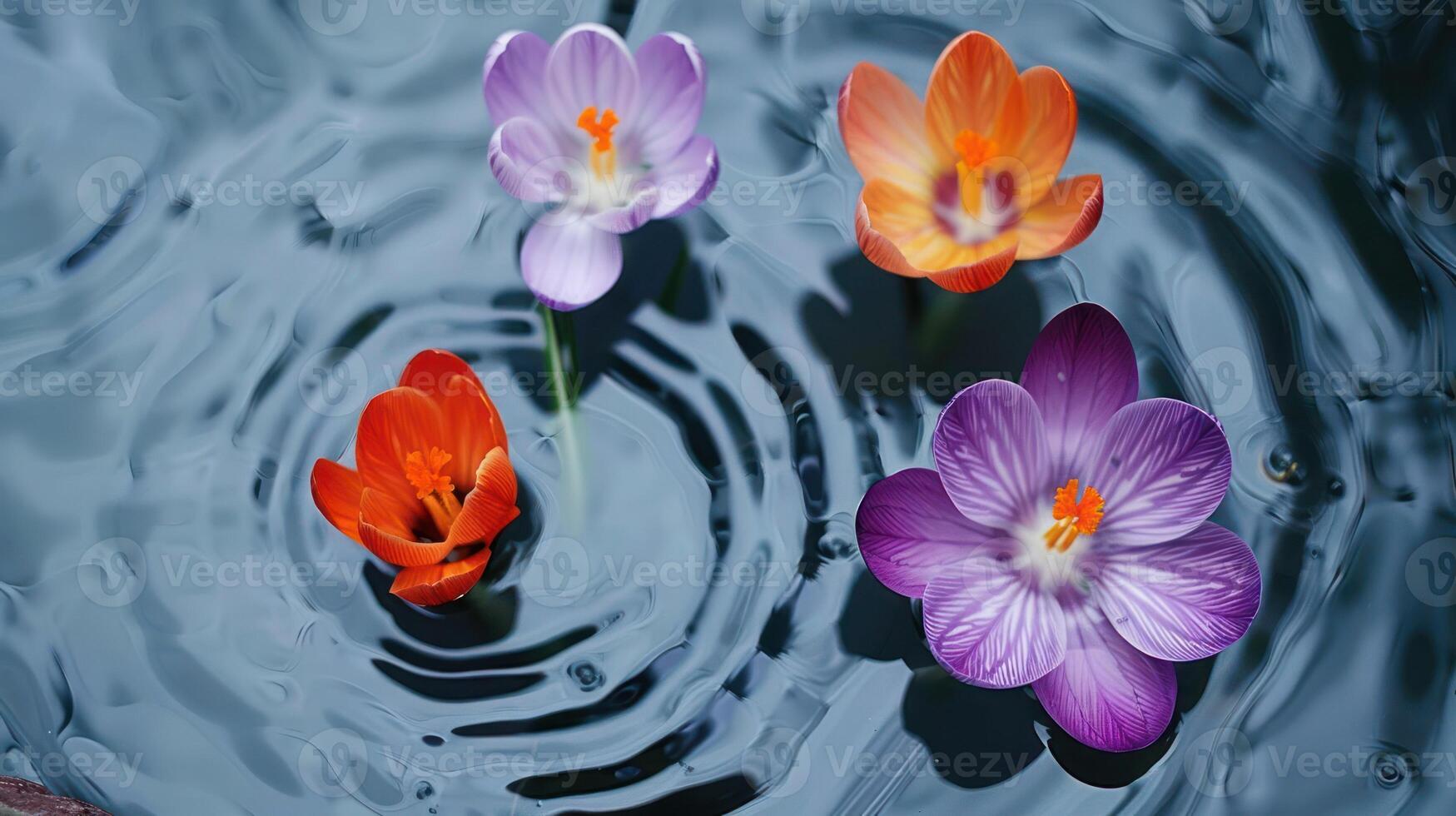 Vibrant crocus flowers in a serene pond setting, creating ripples on the water's surface photo