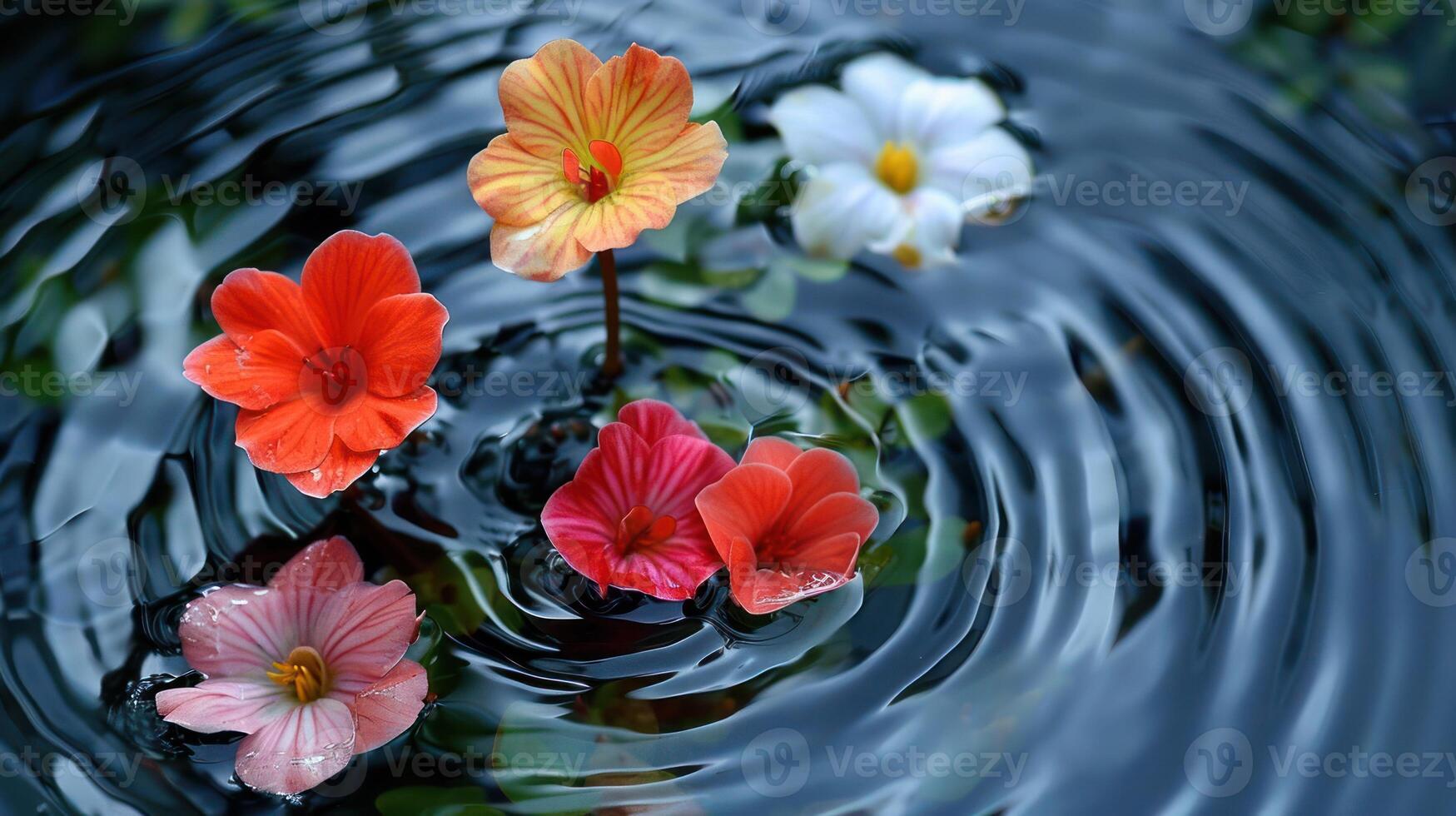 Vibrant flowers floating on tranquil water surface, creating ripples, surrounded by lush greenery photo