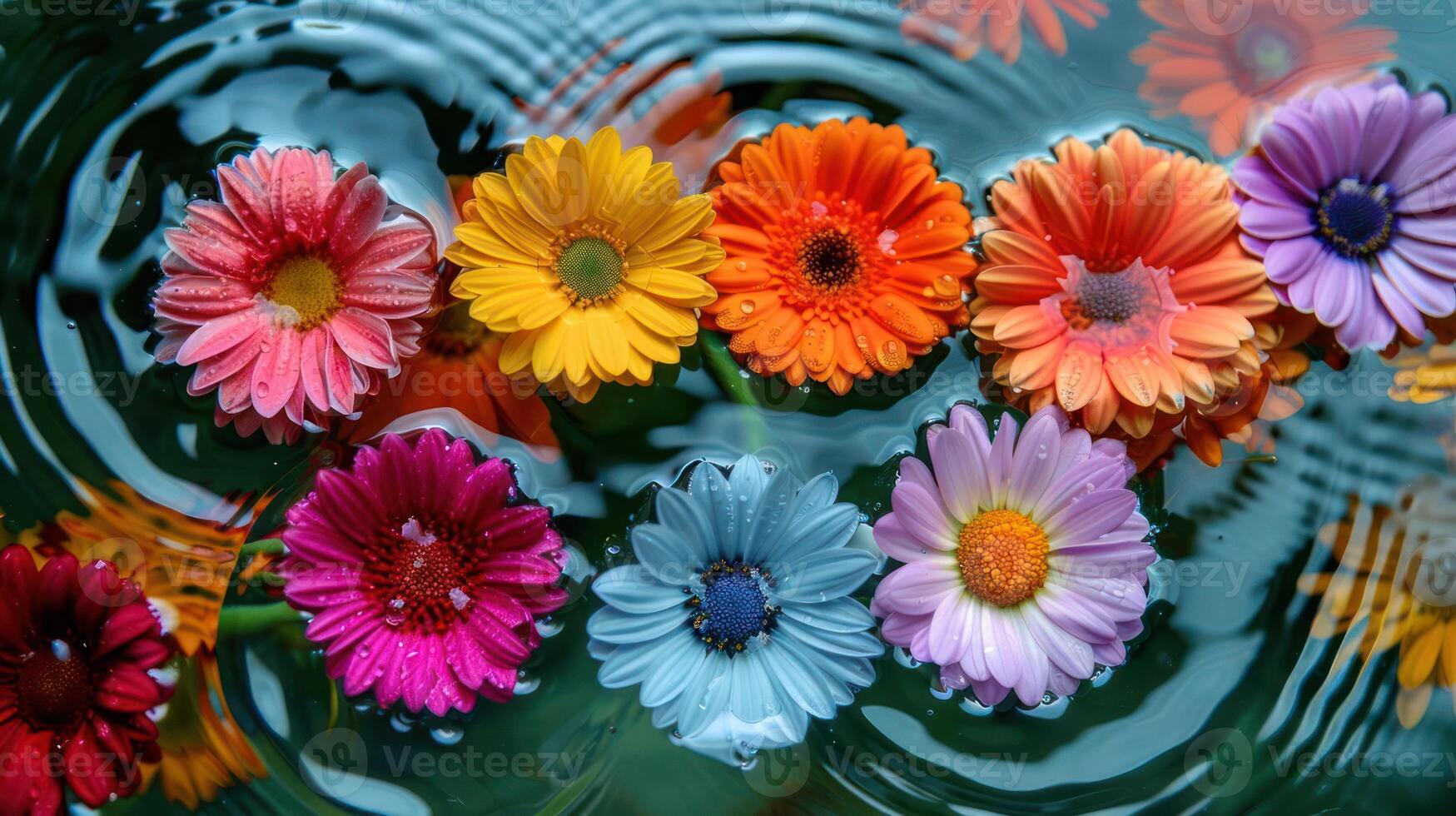 Colorful flowers floating on water surface, creating a vibrant natural scene with ripples photo