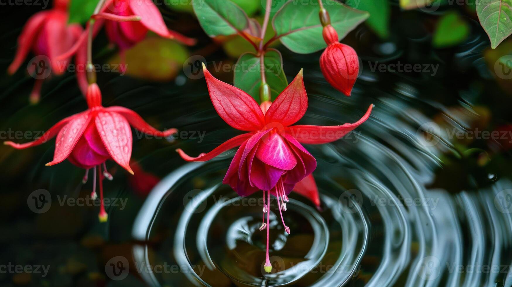 Vibrant red fuchsia flowers blooming above rippling water in a serene garden setting photo