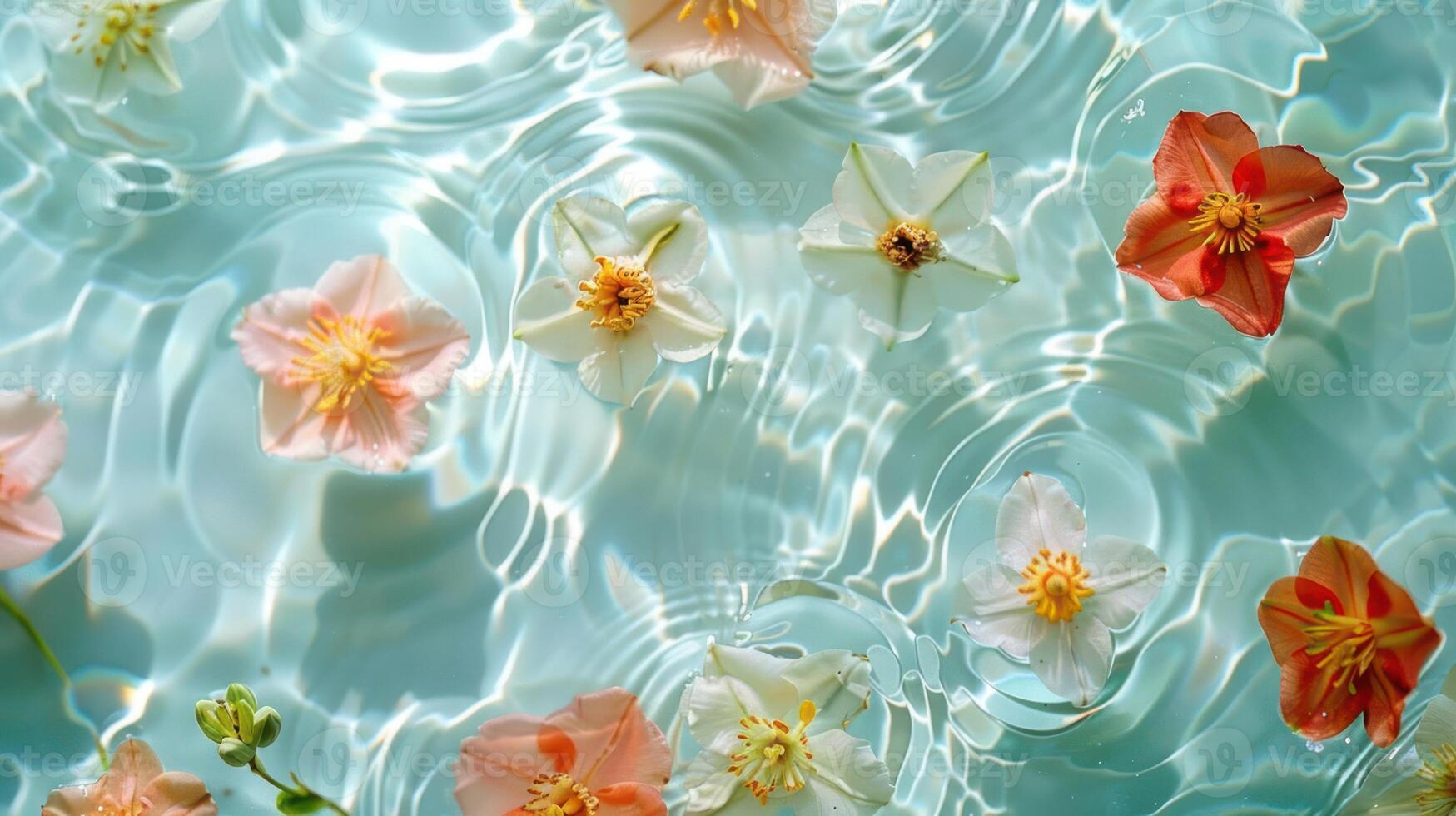 Serene scene of vibrant flowers floating on tranquil turquoise water, evoking calmness and beauty photo