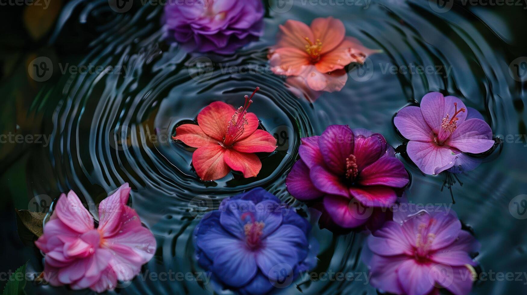 Vibrant flowers floating on tranquil water, creating ripples in a serene natural setting photo