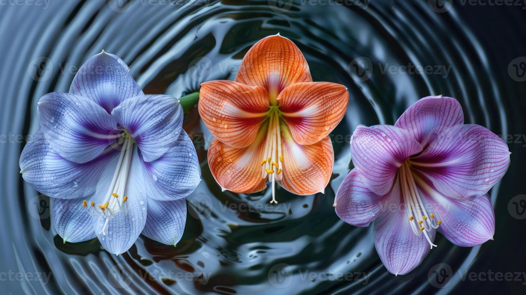 Three vibrant amaryllis flowers in various colors floating on rippling water surface photo
